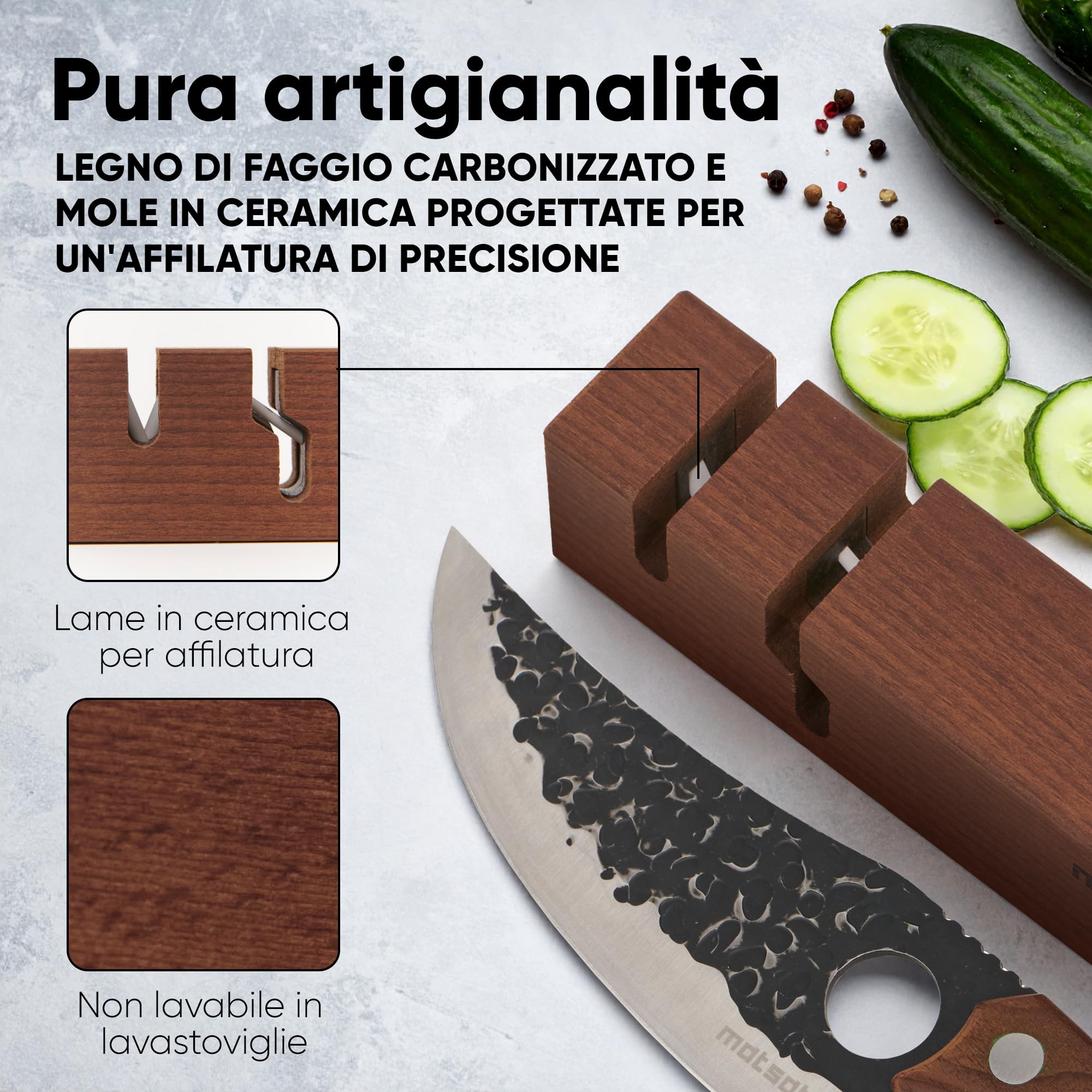 Matsato Affilacoltelli Professionale 2 in 1 - Affila Coltelli Manuale per Coltelli da Cucina e Forbici - Design in Legno di Faggio con Aste in Ceramica