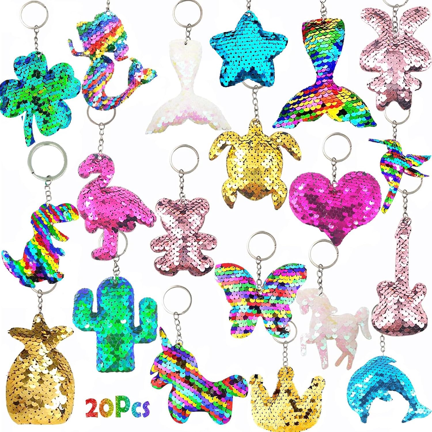 Viicoor 20 PCS Sequin Keyrings Colorful Keyrings Party Bags Gift Reversible Sequins Birthday Favors Backpack Accessories (Sequin-20PCS)