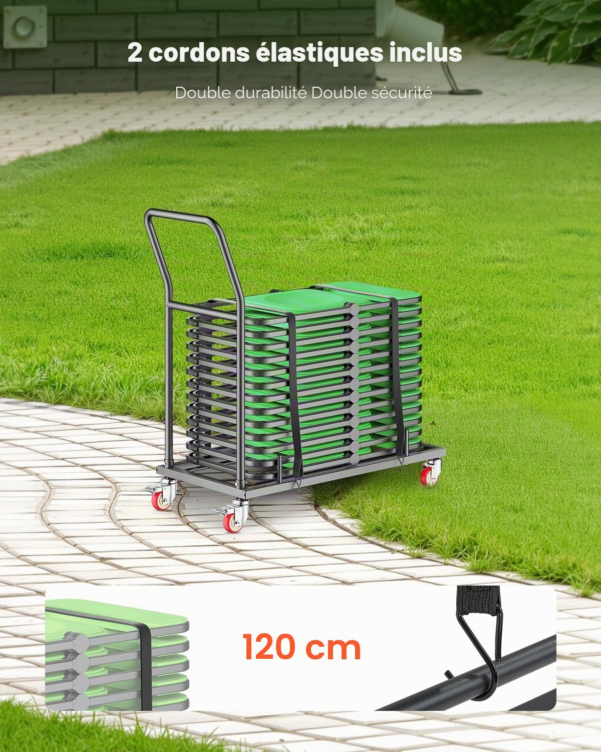 VEVOR Chariot de Chaise Pliante, Capacité de Charge 136 kg, Support en Métal Robuste pour 25 Chaises, Organiseur de Rangement Horizontal Forme en L avec roulettes 360°, pour Salle à Manger, Noir Mat