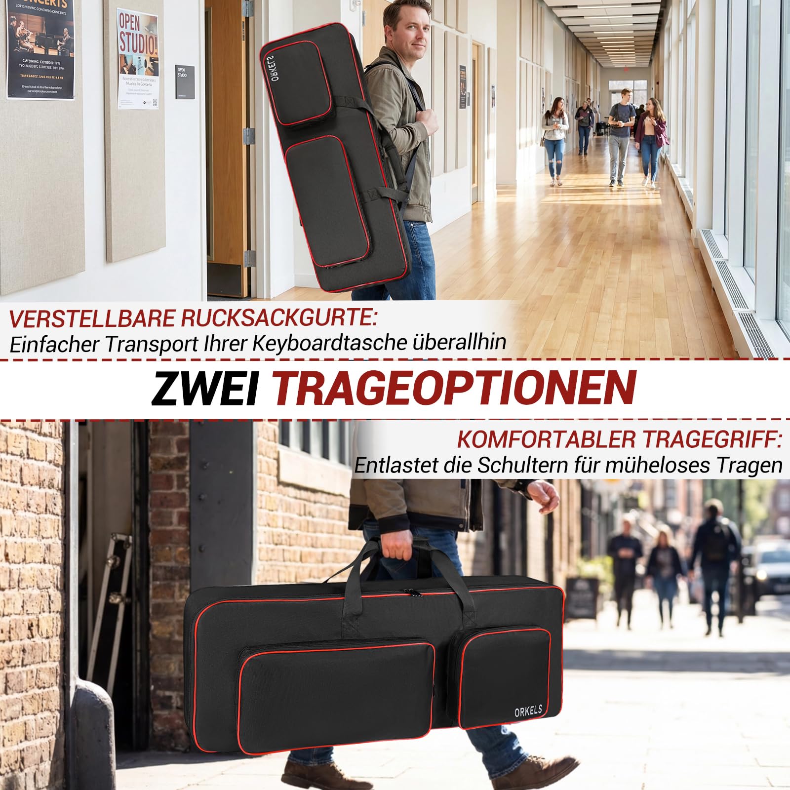 Custodia per tastiera per e-iano, imbottita 600D, impermeabile, con spallacci e scomparto per accessori (61 tasti, 105 × 43,5 × 15,5 cm)