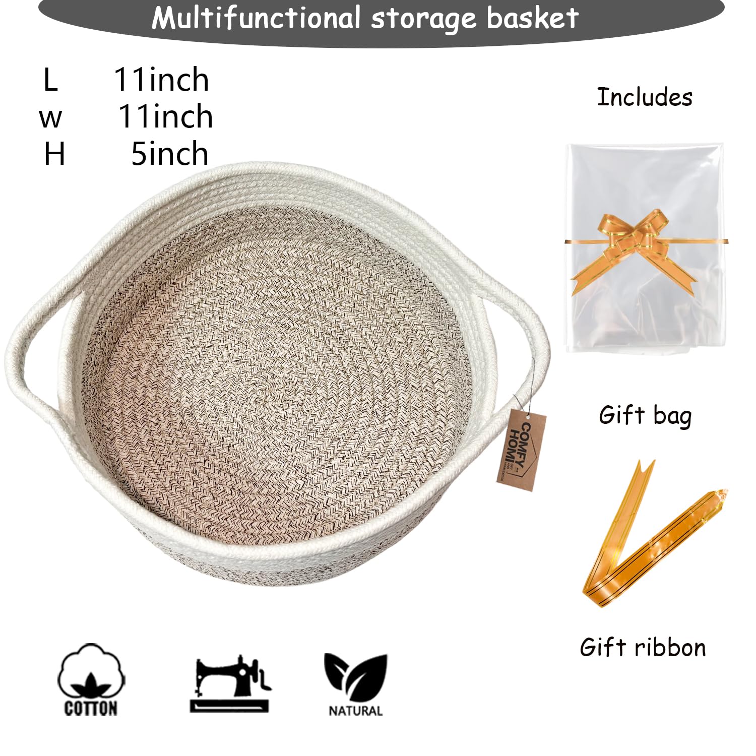 COMFY HOMI Small Woven Gift Baskets with Handles, Gift Bags and Ribbons - Cotton Rope Storage Basket for Organizing, Dog Toy Basket Box, Gift Baskets Empty, Mother’s Day-?11X5 Inch,?white/brown?