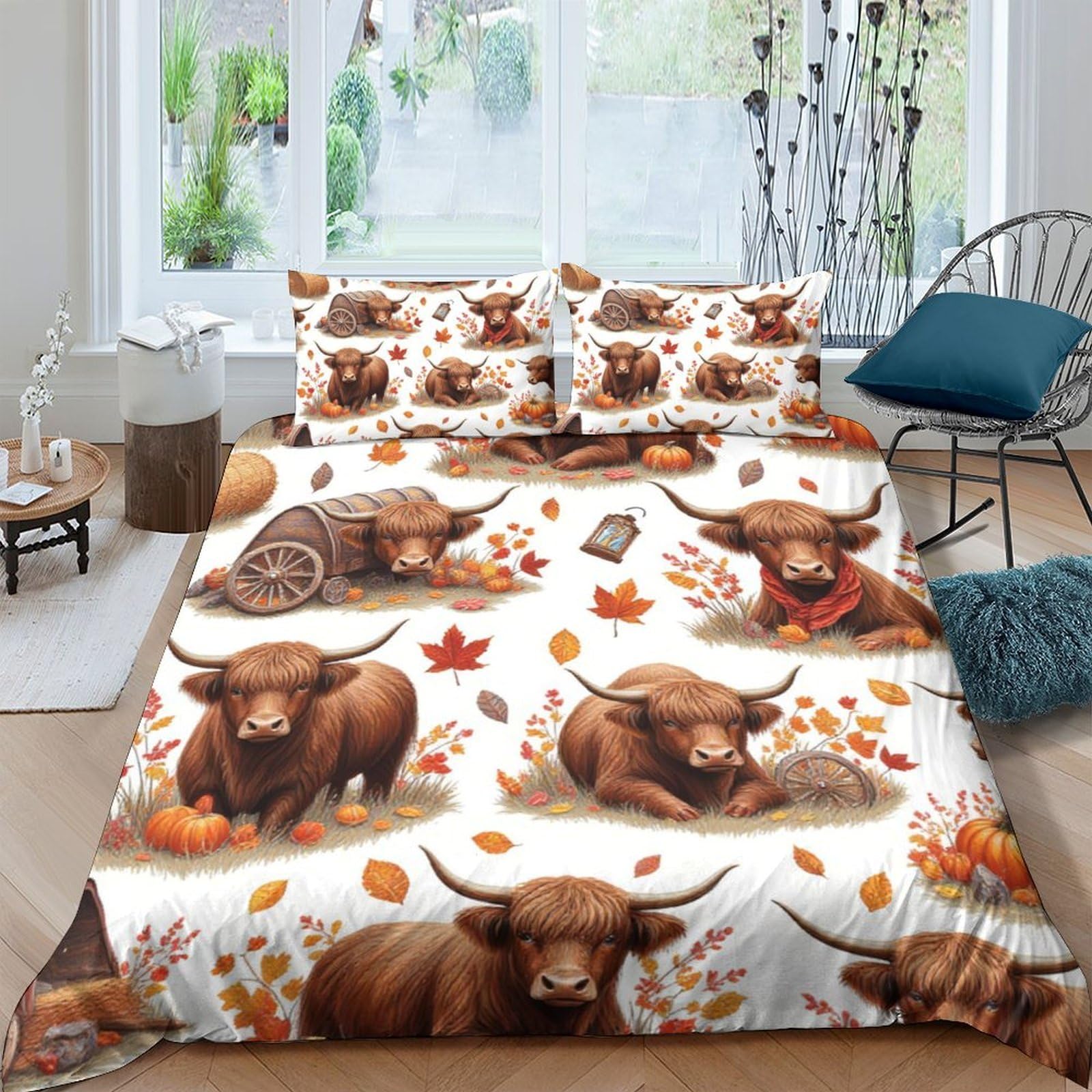 Ctjqhvkz Style-3 3D Printed Highland Cow Fitted Sheet Microfiber Autumn Leaves Mattress Cover Soft Decorative For Bedroom Guest Room Single（135X200cm）