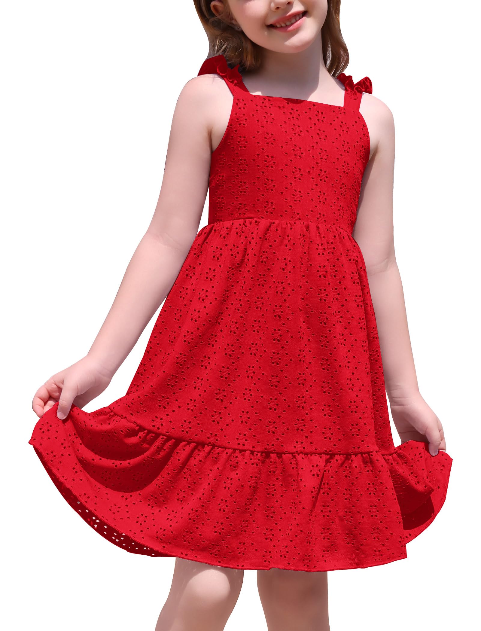FYMNSI Toddler Dress Girls Ruffle Shoulder Straps Eyelet Sundress Kids Summer Outfits Casual Birthday Party Pageant Dresses