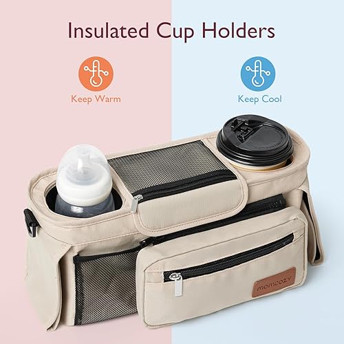Miniatura 6 de Momcozy Organizador universal para cochecito de bebé, 2 portavasos aislados, bolsillo desmontable con cremallera, correa de hombro ajustable, gran
