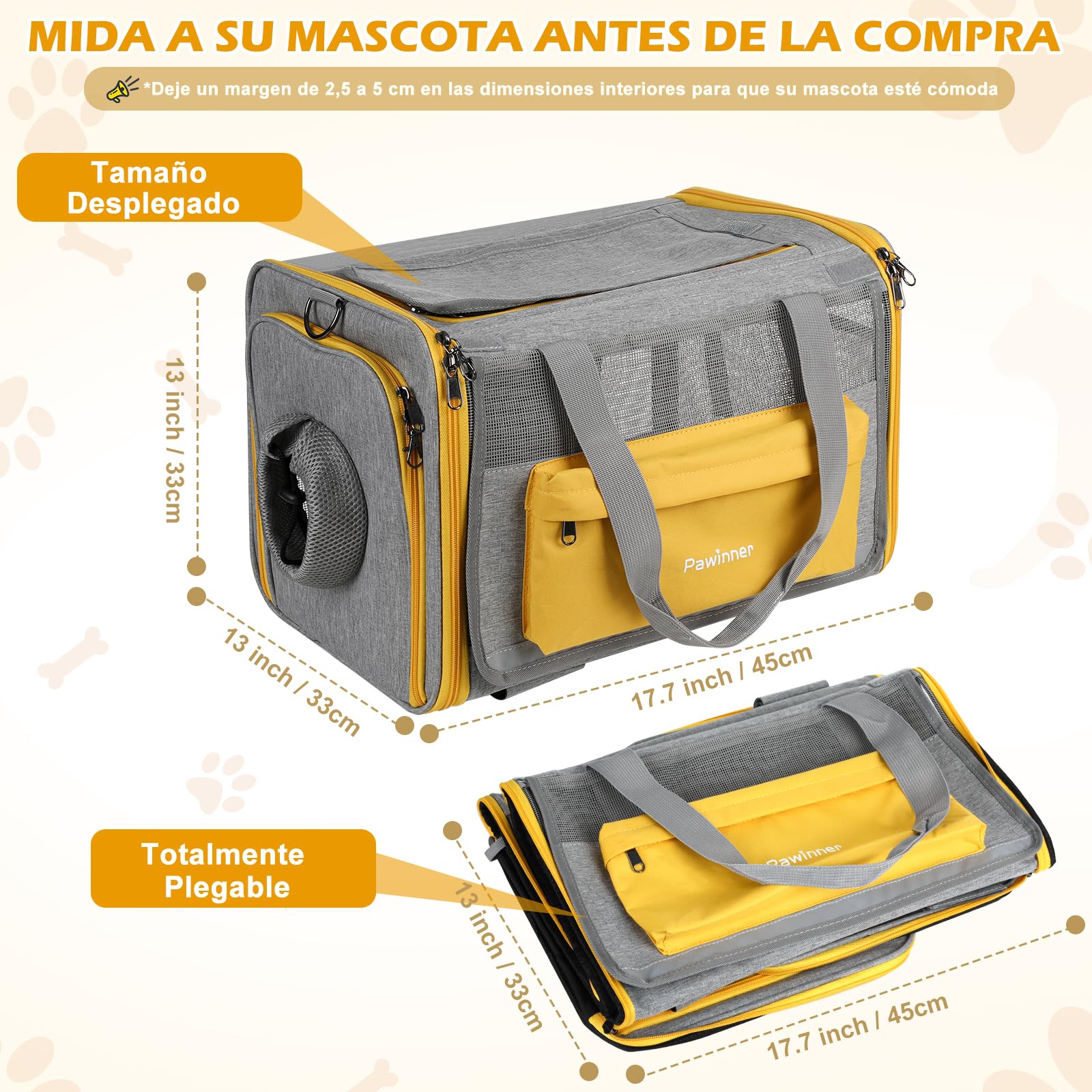 Transportín Perro Gato, Pawinner Transpirable Bolsa de Transporte para Mascotas, Llevar en Mano y Hombro 2 en 1, Plegable Fuardar, Adecuada para Gatos y Perros de hasta 9kg, 45 * 33 * 33cm