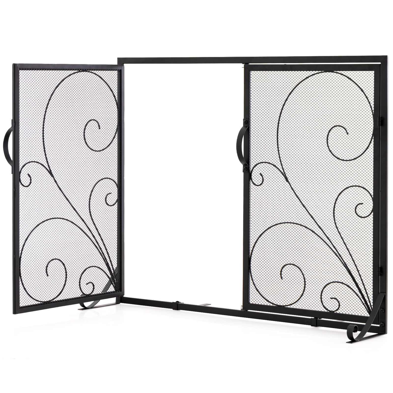LIFEZEAL Pare-Soleil pour Cheminée à Bois, Pare-Éclaboussures pour Cheminée, Protection de Poêle, Grille à 3 Panneaux, Écran avec Portes, Poignées, en Métal, Filet Décoratif, 96 x 35 x 78 cm, Noir