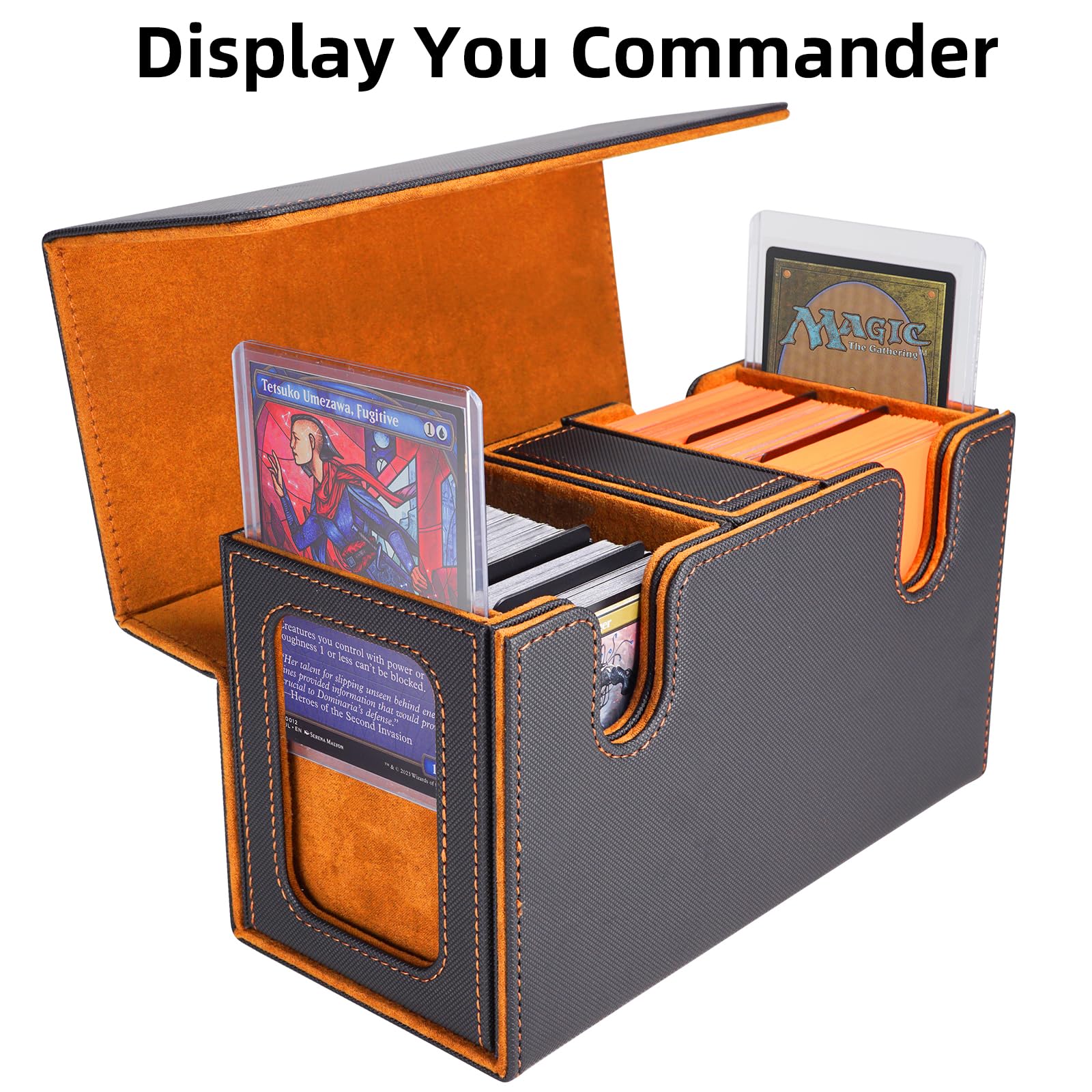 AFIING MTG Commander Deck Box 200 Double Sleeved Cards Storage, 3-in-1 Magnetic Card Case Organizer for Magic: The Gathering TCG CCG, 4 Dividers & 2 Toploaders (Black/Orange)
