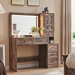 Farmhouse Vanity Desk with Touch Screen LED Mirror, 47" Big Make Up Table with 6 Drawers, Glass Top, Charging Station, Rustic Wood Dressing Table w/3 Color Available, Light Brown