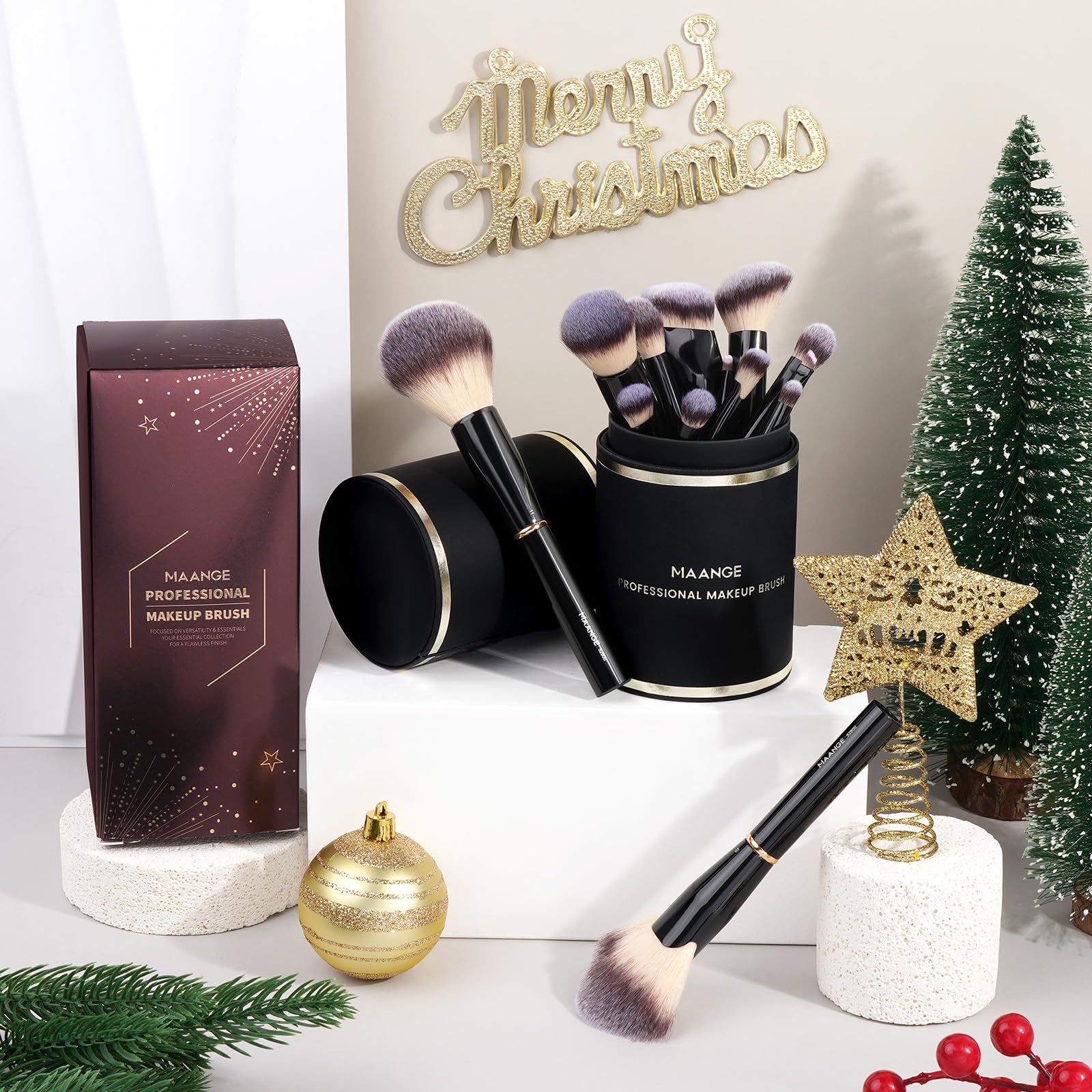 MAANGE Juego de 13 brochas de maquillaje con estuche, brochas de maquillaje de doble extremo, base, contorno, polvo, rubor, sombra de ojos, brocha Kabuki, kit completo de maquillaje facial y ojos para