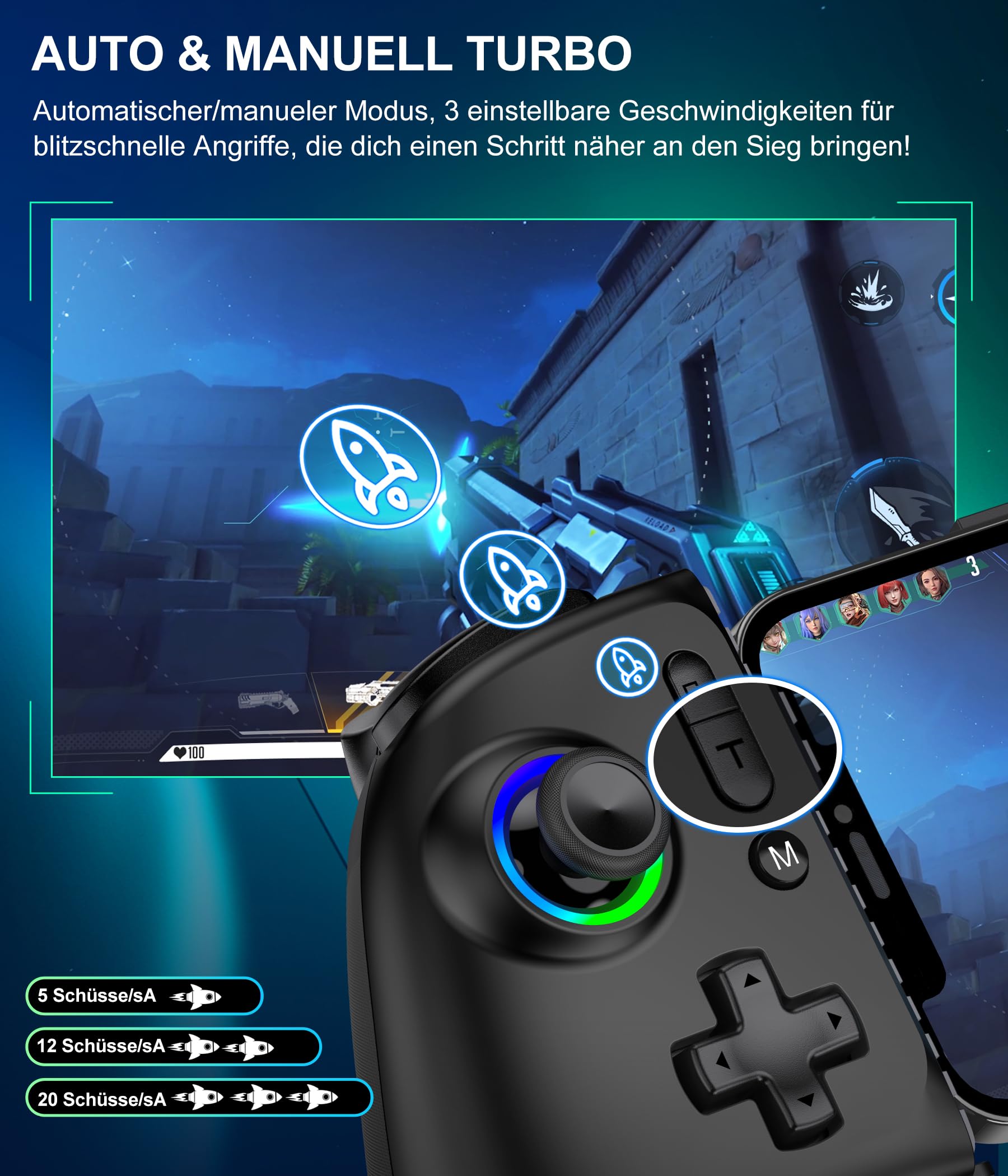 Elegamefy Handy Controller für Android/iPhone/Switch/Oled/Switch 2, Smartphone Controller mit Programmierbarem, Aufgerüstet Joystick ohne Totzonen, Led Licht