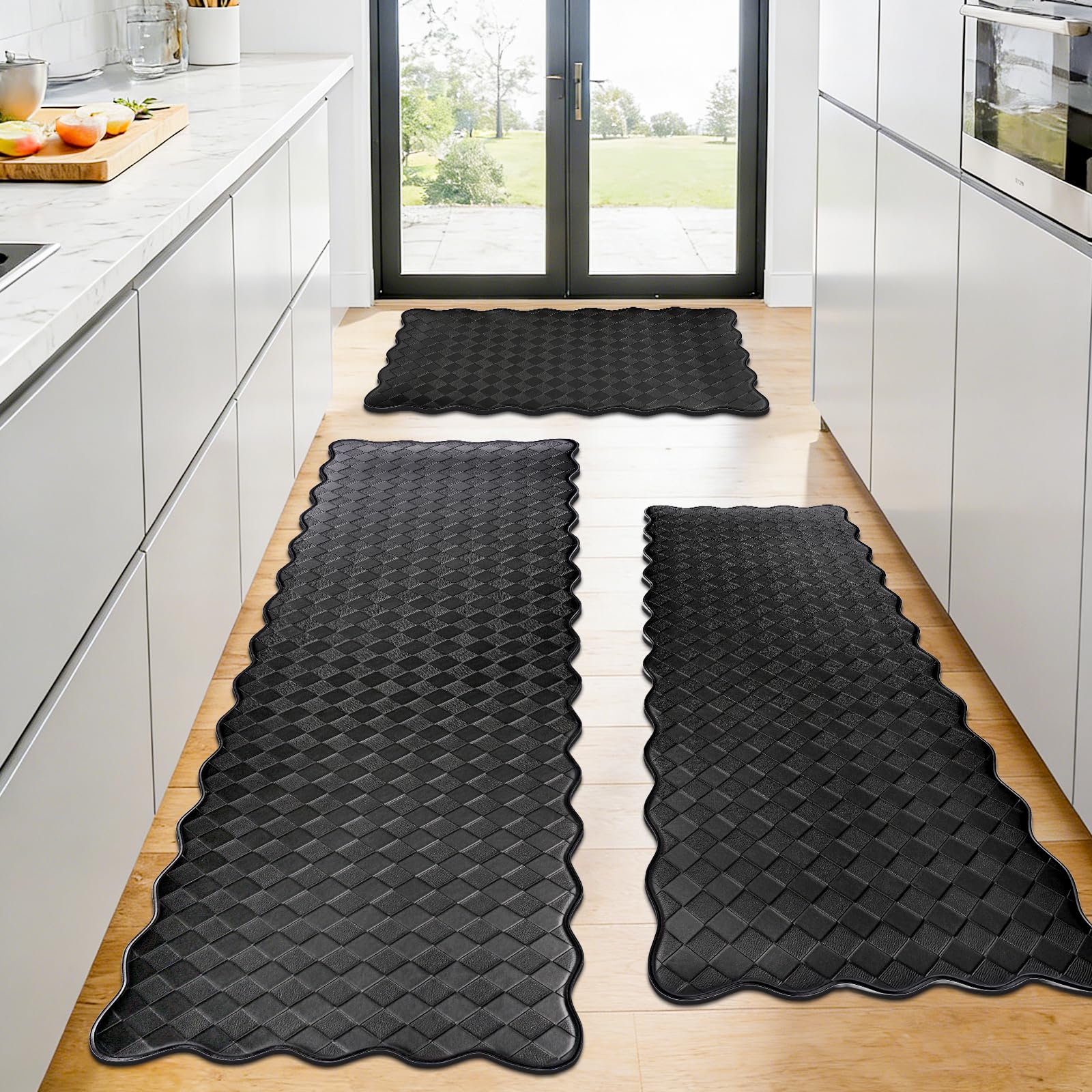 3PCS Kitchen Rug Sets for Floor,Non-Slip Standing Mats,Black Scalloped Embossed Kitchen Rugs, Cushioned Anti Fatigue Waterproof Foam for Kitchen,