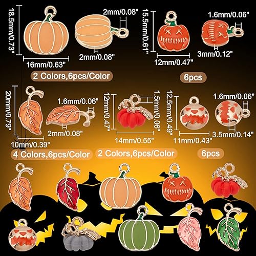 Miniatura 5 de PH PandaHall 60 dijes de calabaza de 10 estilos, colgantes de calabaza de Halloween 3D, dijes de hojas de verduras de aleación, colgantes de metal