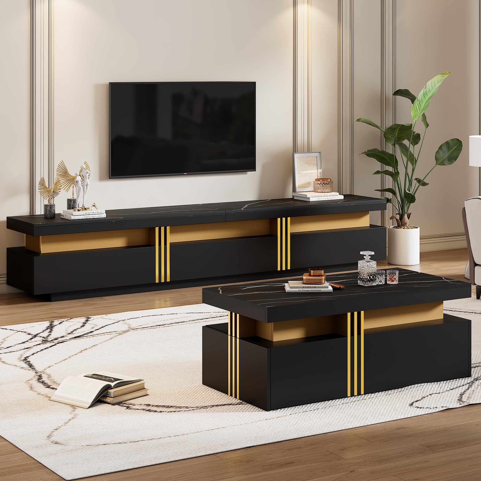 BTM Schwarze TV-Wandkombination, Wohnzimmer-Wandkombination, Couchtisch + TV-Schrank, multifunktionale Schrankkombination