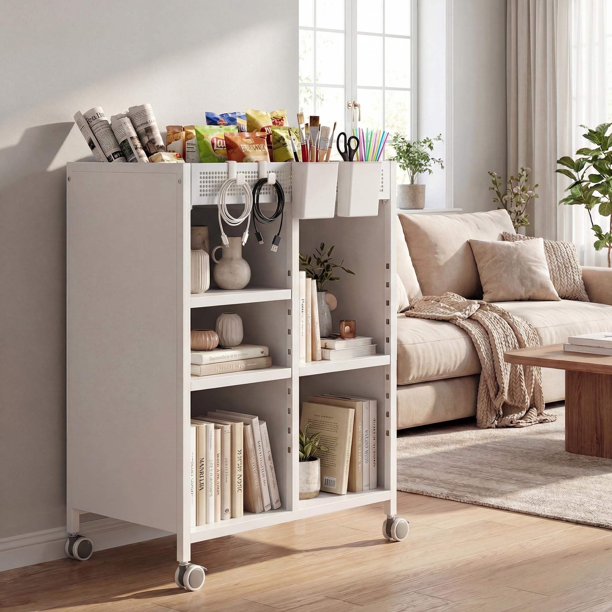 HOMCOM Bücherregal mit Rollen, Bücherwagen mit 4 Ebenen, oberem Aufbewahrungskorb, verstellbaren Regalen, Rollwagen für Zuhause, Wohnzimmer, Büro, Weiß