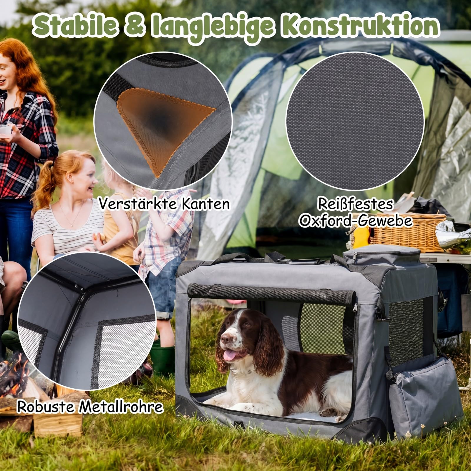 COSTWAY Hundebox Auto, Transportbox Hund faltbar (L-83,5 x 58 x 58 cm,Grau) | Hundetransportbox mit Griffen, 2 Taschen & abnehmbarem Pad, atmungsaktiv und tragbar, Katzenbox aus Oxford & Metallrahmen