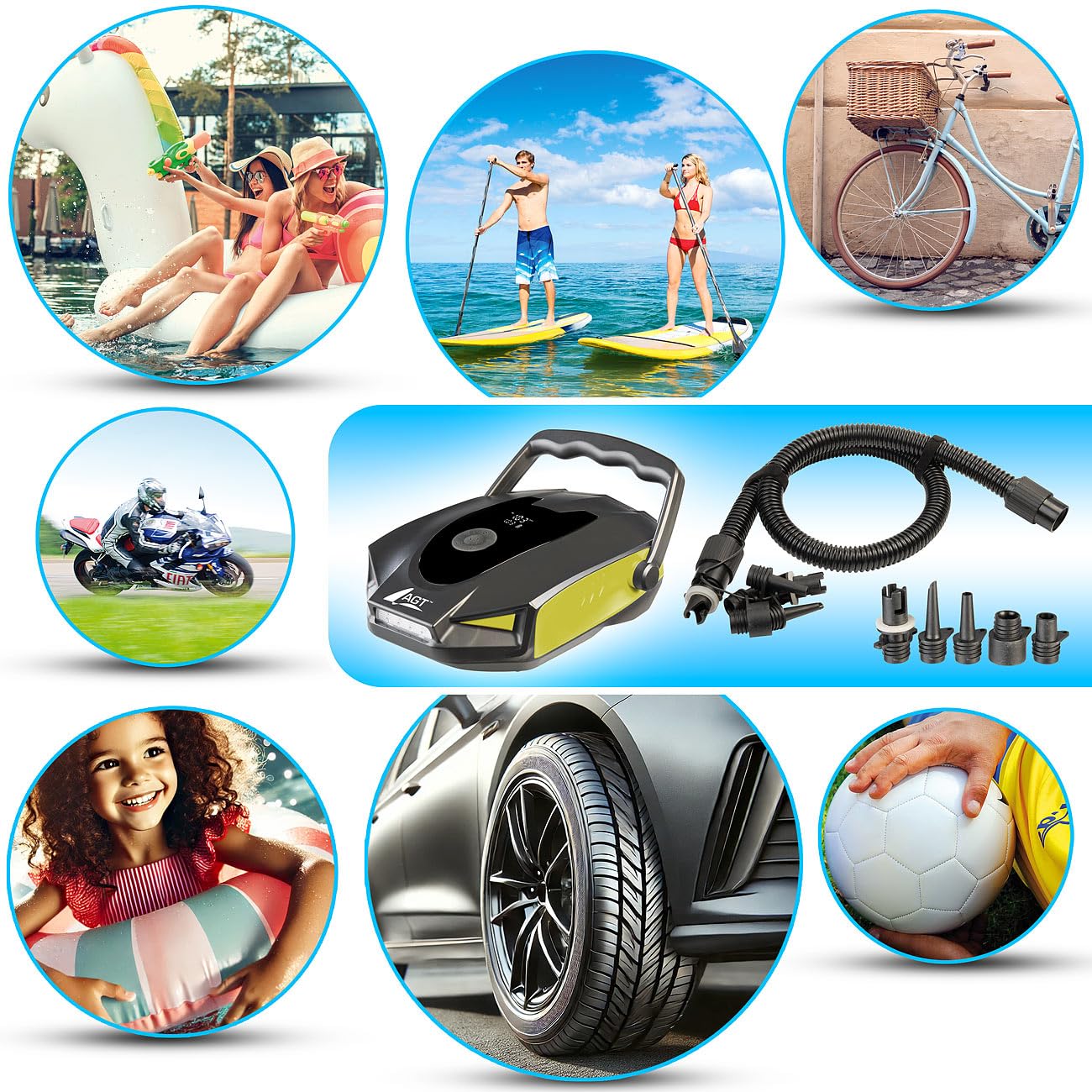 AGT SUP Akku Pumpe: 2in1-Akku-Kompressor- & Schlauchboot-Pumpe, 50 psi /3,4 bar, 12V / USB (SUP Luftpumpe, Kompressor, e Bike)