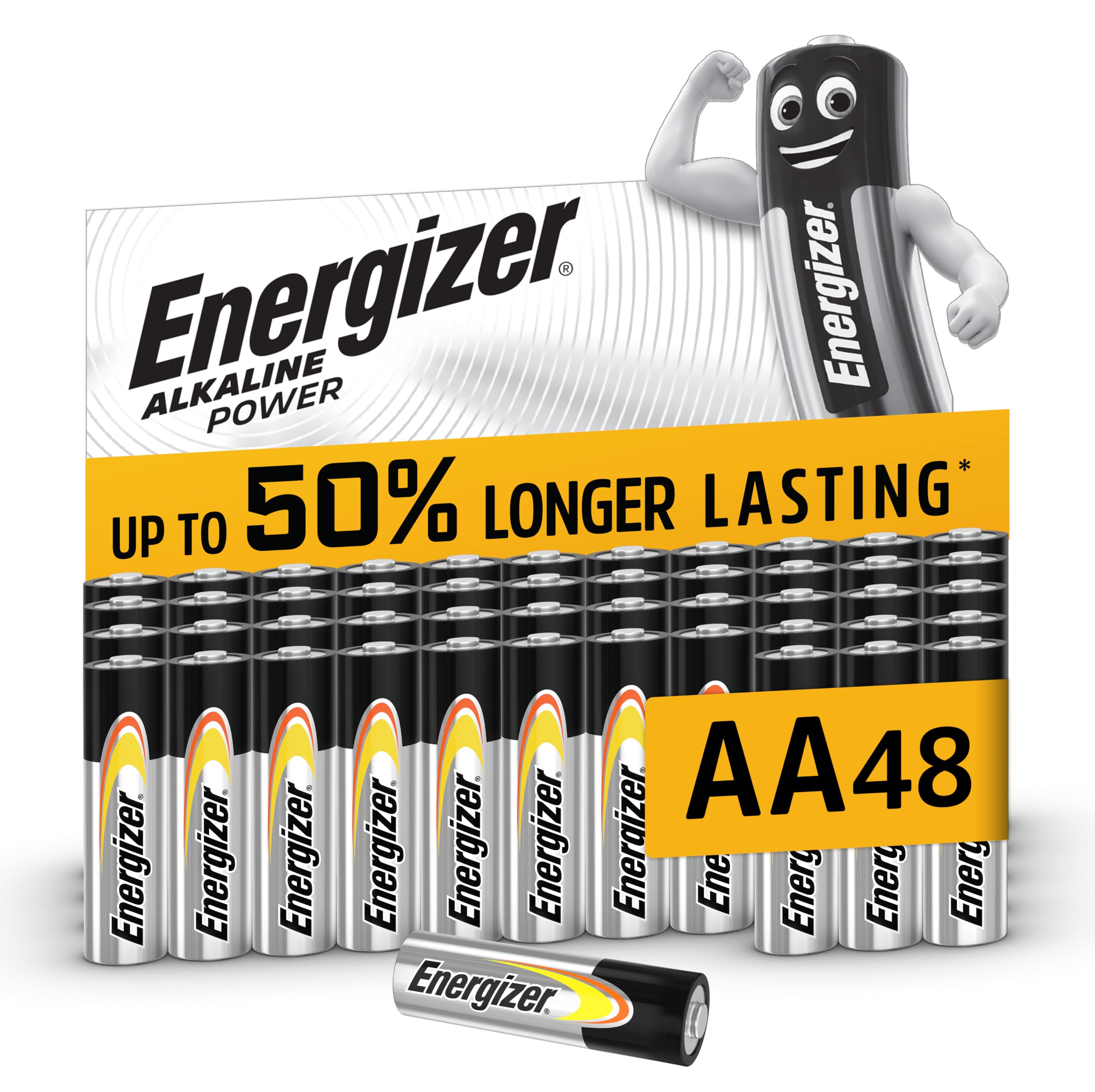Energizer Alkaline Power - AA Batteries (48 Pack) - Double A Battery 1.5V - Up To 50% Longer Lasting - For Everyday Devices - 100% Recyclable Packaging - 7 Year Shelf-Life [Amazon Exclusive]