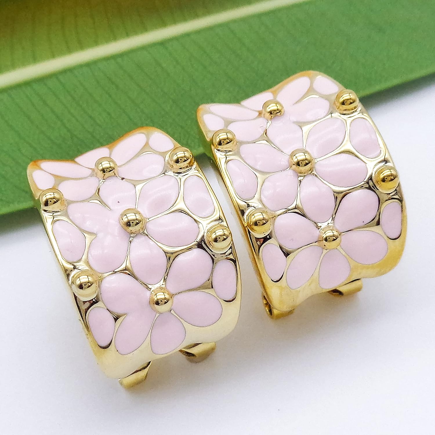 Navachi 18k Gold Plated Square Rainbow Colorful Enamel Leaves Flower Omega Back Earrings - Image 5