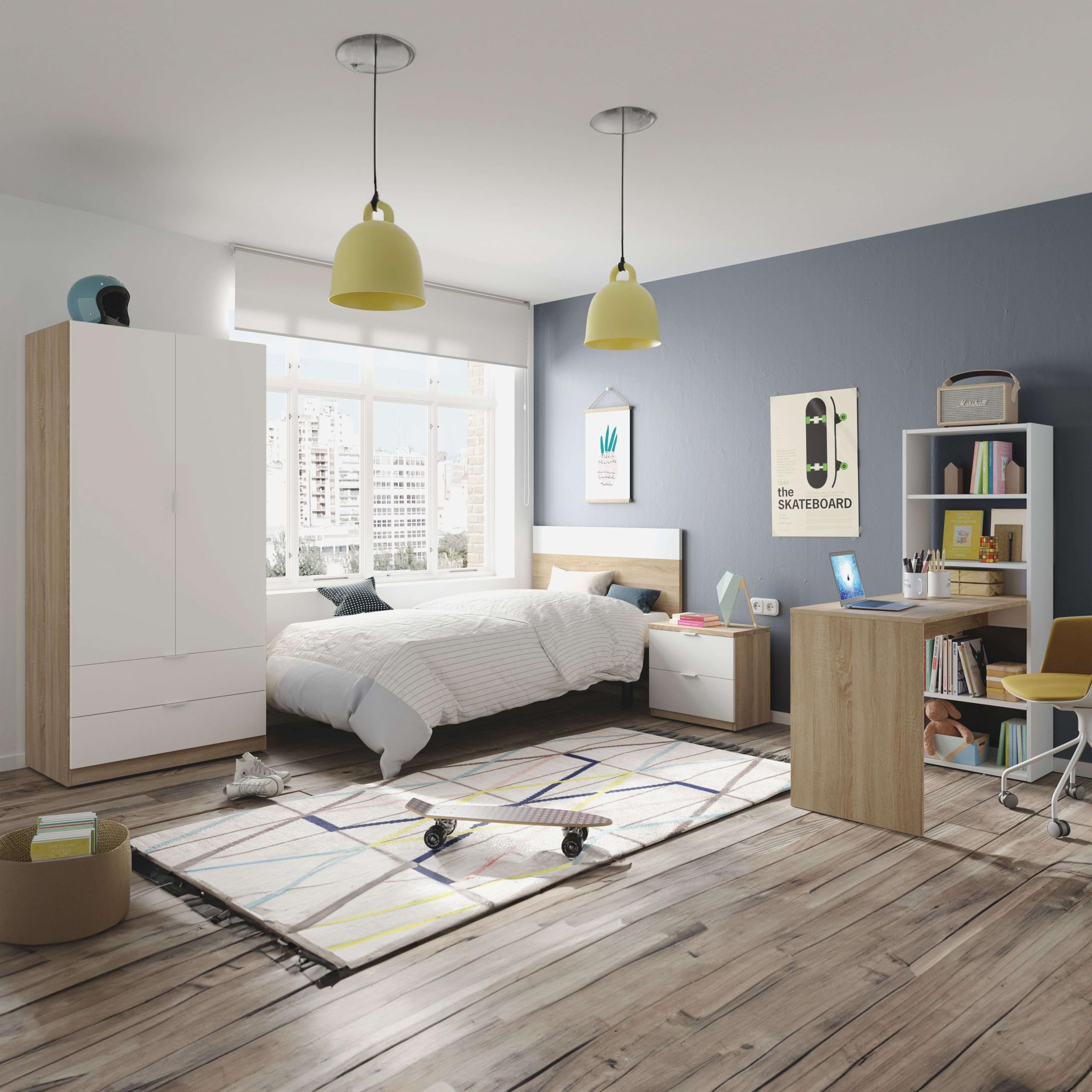 Habitdesign Escritorio con Estanteria Reversible, Mesa de Ordenador, Blanco Artik y Roble Canadian, Modelo Duplo, Medidas: 120 cm (Ancho) x 53 cm (Fondo) x 144 cm (Alto)