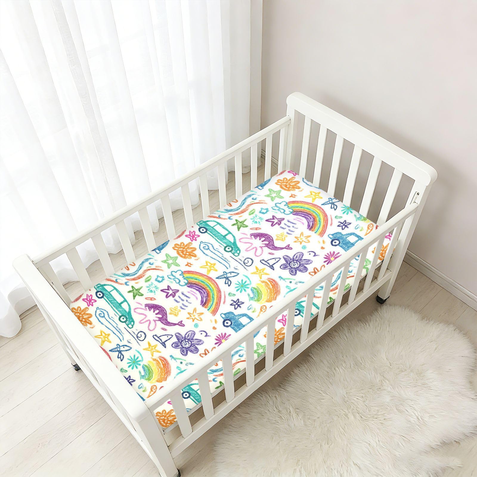 Sábanas para cuna de bebé dibujadas a mano con diseño de coche de flores y arcoíris para niños y niñas, sábana de algodón suave y elástica para guardería, 1 paquete de juego de sabanas para