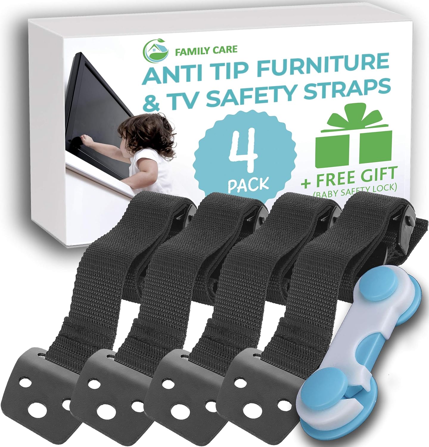 METAL Anti Tip Furniture Kit TV Straps Safety (4 PACK+ 1 LOCK