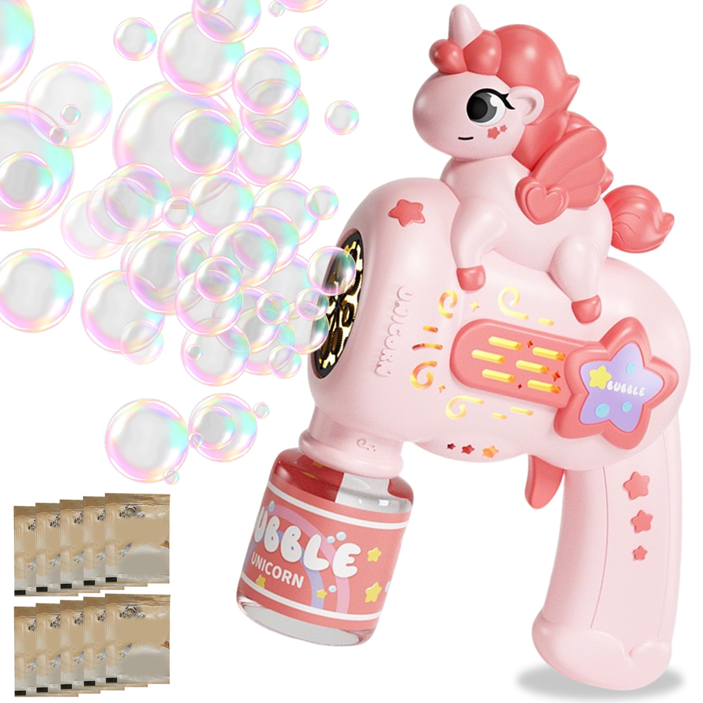 DONGTATA Unicorn Bubble Machine for Kids 3 4 5 6 7 8 Years Old 8-Hole Automatic Bubble Gun with Lights Includes 50ml Solution & 10 Refills Outdoor Bubble Maker Toy for Toddlers Girls Party Gift