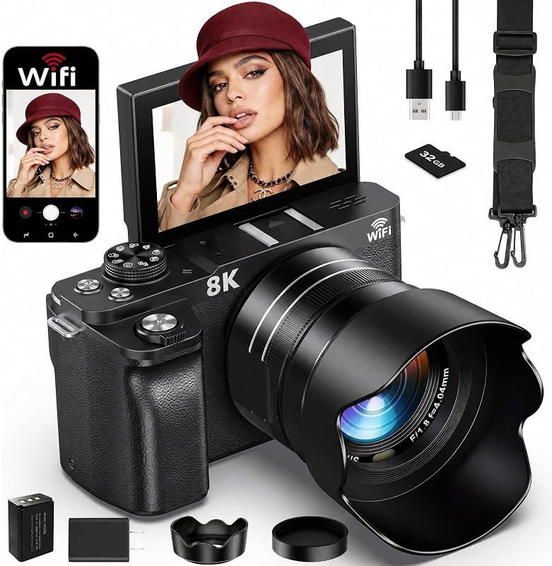 Cámara digital 8K WiFi - 88MP Vlogging Cámaras para fotografía con pantalla abatible de 3" 180° 18X Zoom - Cámara de video UHD para YouTube - Cámara de viaje de enfoque automático con campana de lente, tarjeta de memoria, flash