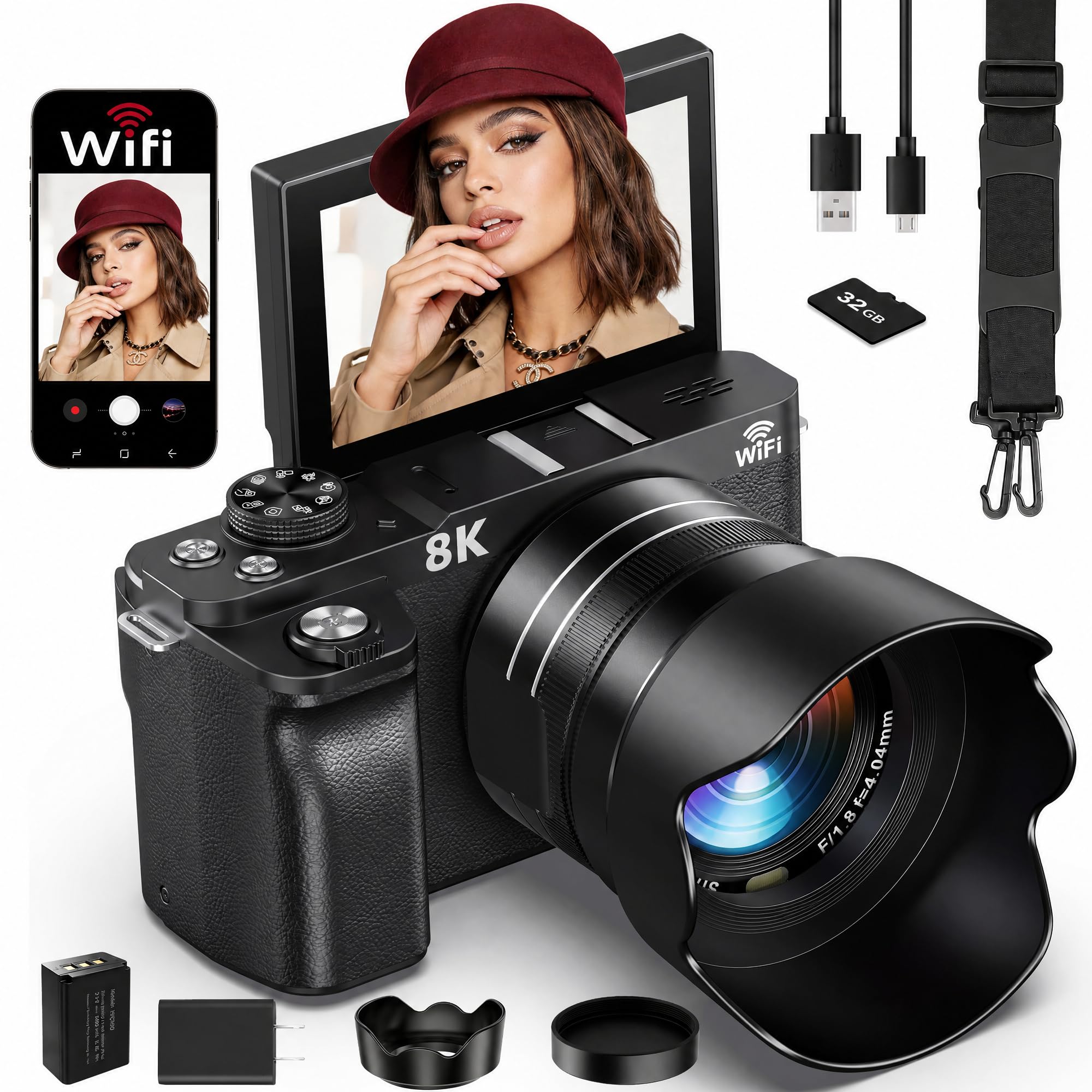 8K Digital Camera WiFi - 88MP Autofocus Cameras for Photography with 3" 180° Flip Screen - 18X Zoom Vlogging Camera for YouTube - UHD Video Travel Camara with Lens Hood, 64GB Card, Flash-picture-12