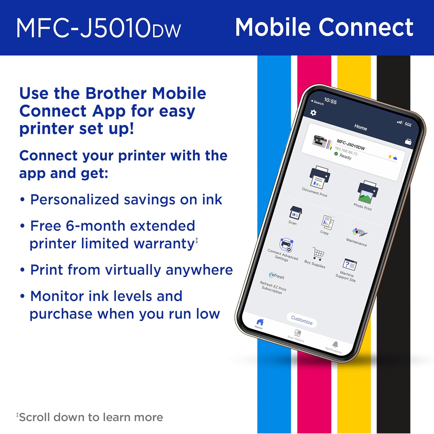 Brother INKvestment 5010 Wireless Color Inkjet All-in-One Printer with Automatic 2-Sided Copy & Scan with 2.7” Color Touchscreen (MCF-J5010DW) 8 81P+o3oIXLL. AC SL1500