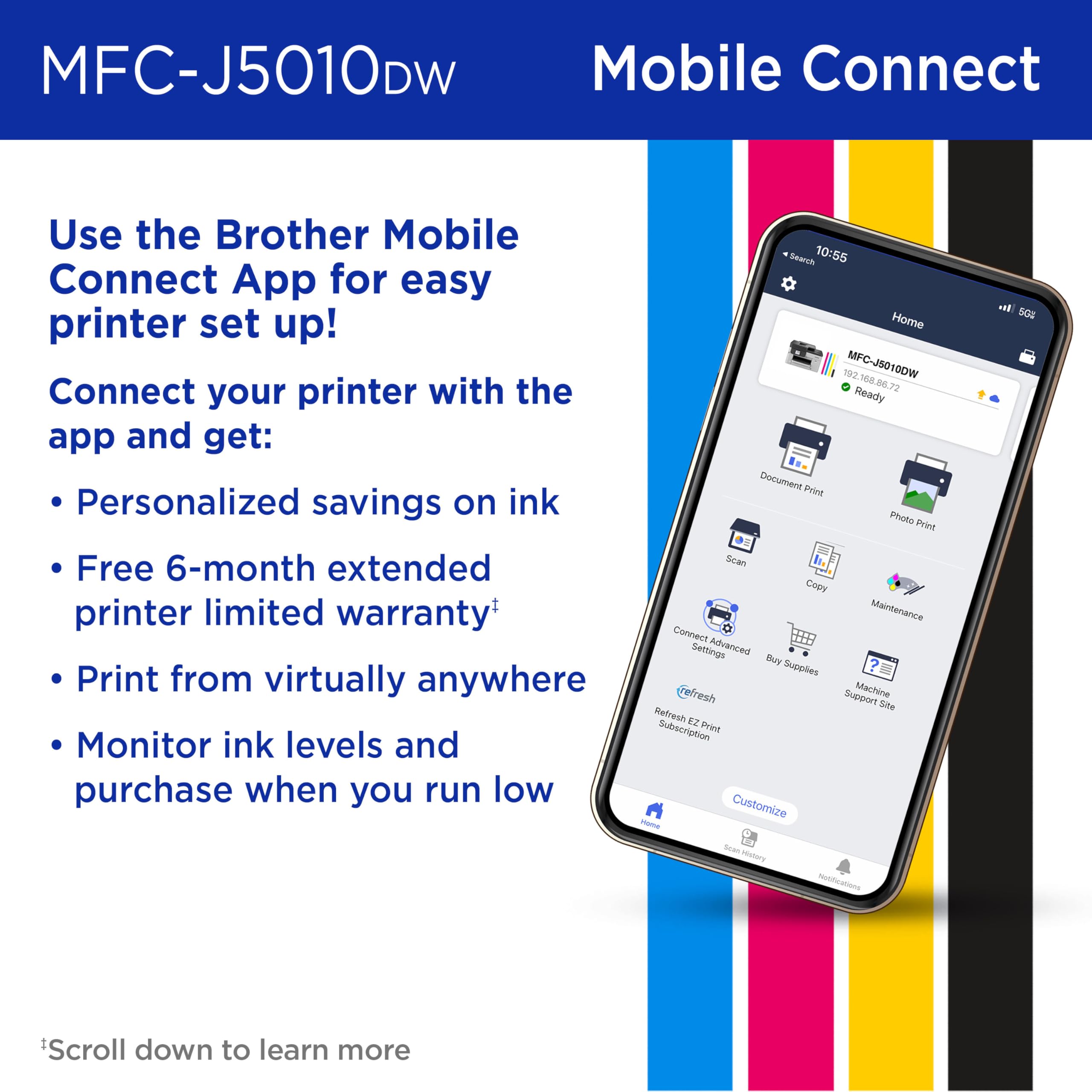 Brother INKvestment 5010 Stampante a getto d'inchiostro wireless a colori All-in-One con copia e scansione automatica fronte/retro con touchscreen a colori da 2,7" (MCF-J5010DW)