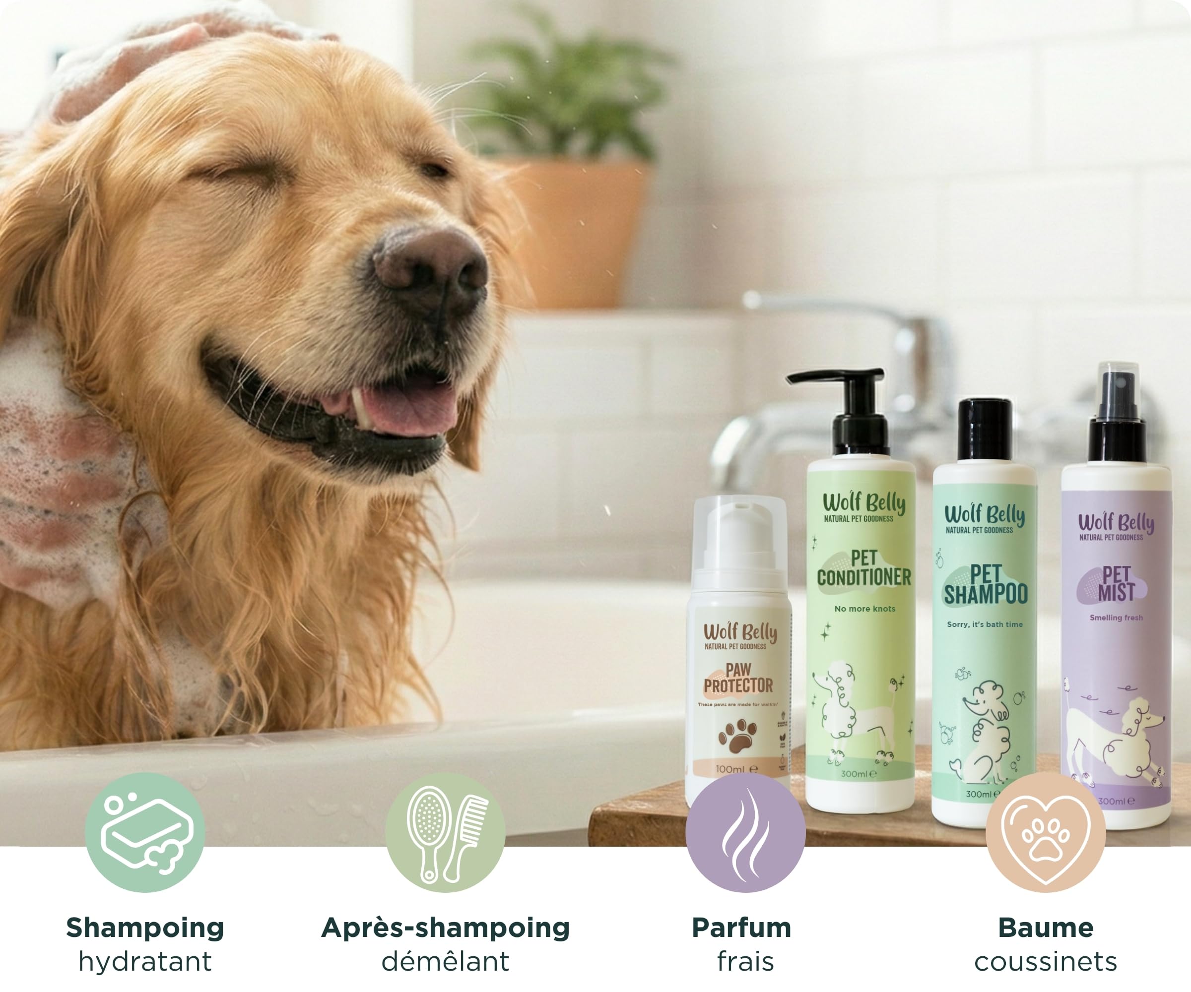 Wolf Belly - Pack Hygiène et Soin Complet pour Chiens et Chats | Shampoing + Après shampoing + Brume + Baume Coussinets | Aloe Vera 99%, Végan et Hypoallergénique - Fabriqué en UE