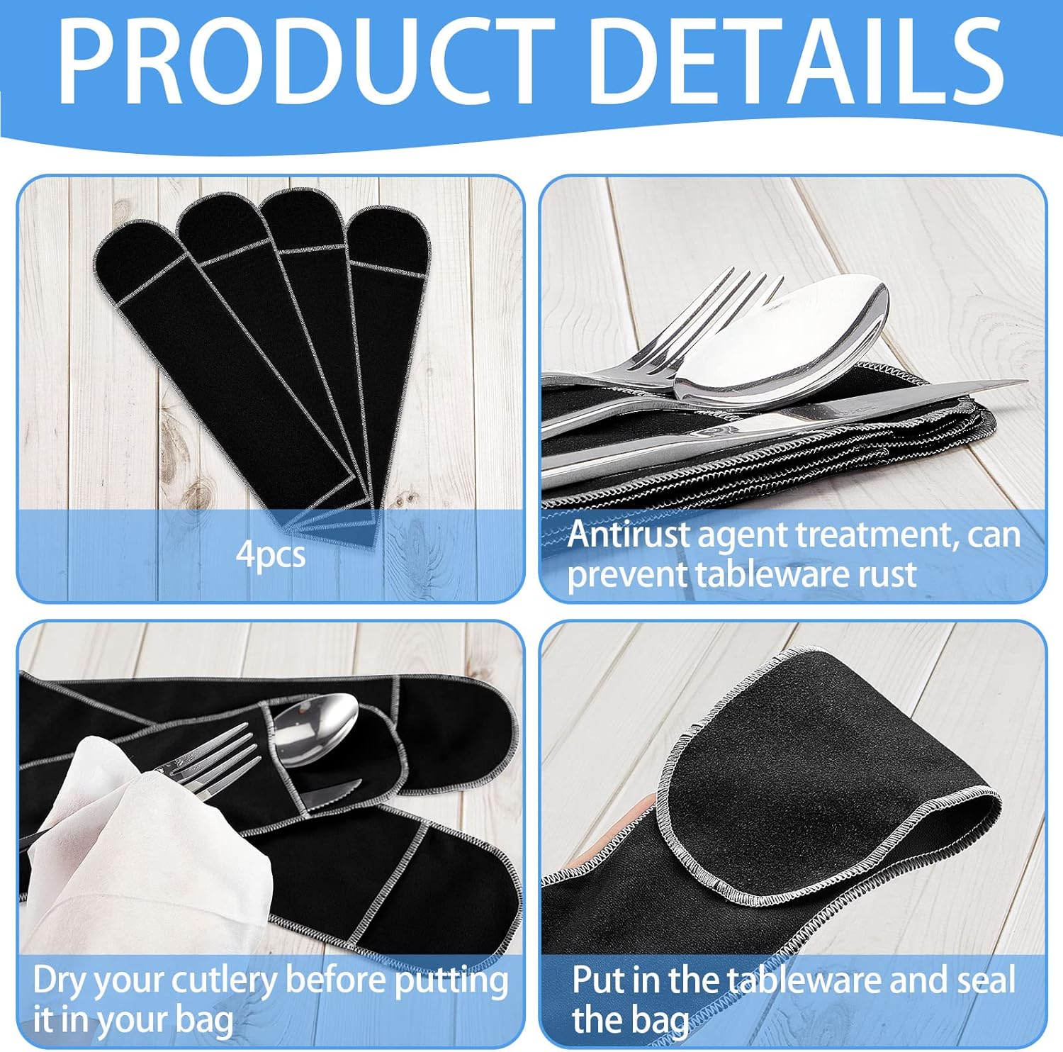 Weewooday 12 Pieces Anti-tarnish Silverware Storage Bags - Velvet Flatware Organizer Sleeves for Teaspoons, Cutlery & Utensils | Elegant Black Design - Image 3