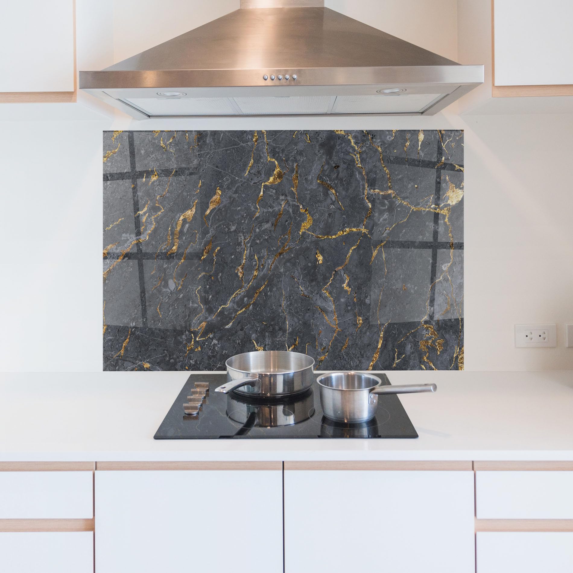 ARTHUB® Crédence de Cuisine en Verre 70x100 cm, Gold Grey Marble | Protection Contre Les éclaboussures, Revêtement Mural en Carreaux, Plaque en Verre, Verre trempé, Abstrait, Marbre