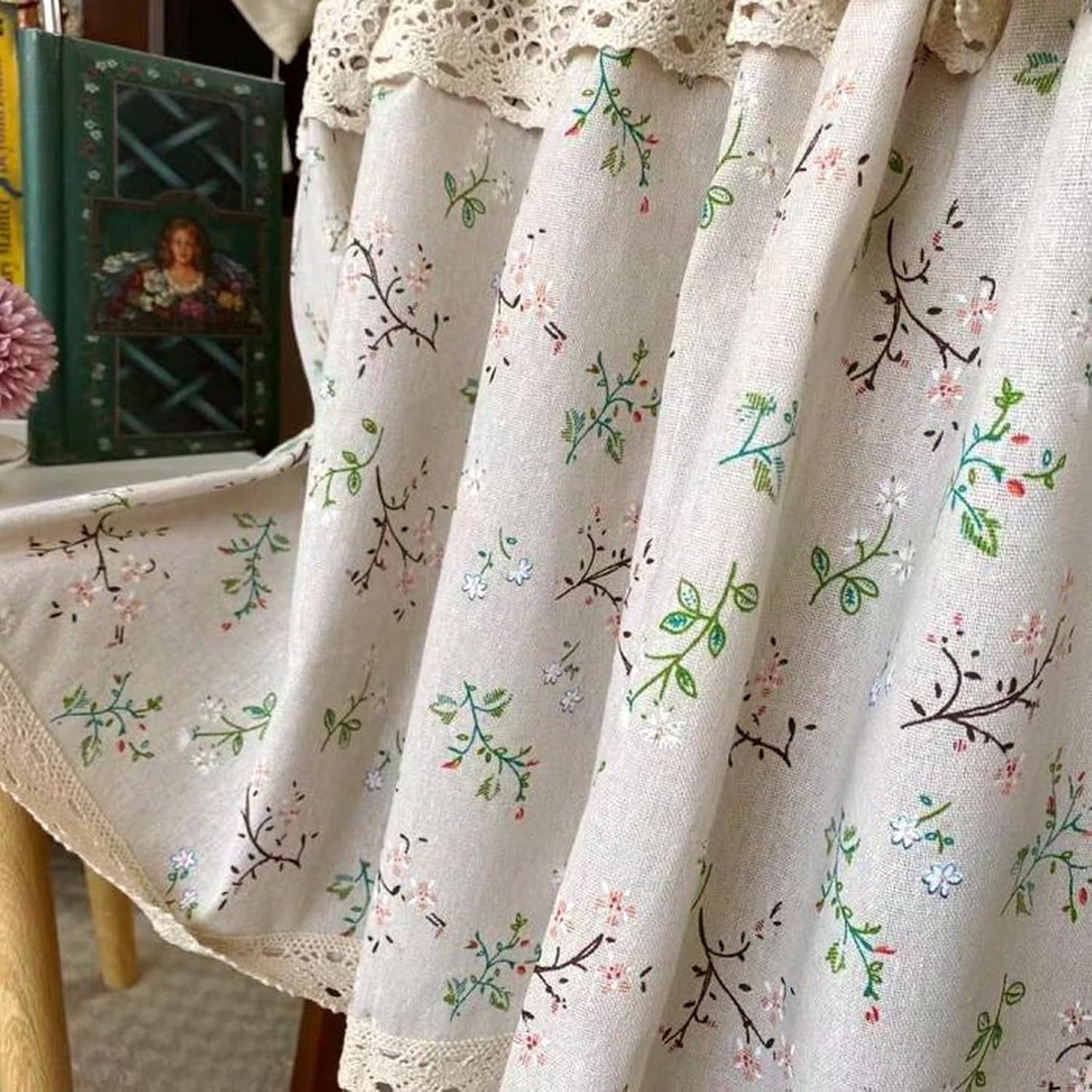 A.Monamour Short Curtain for Small Window Farmhouse Rural Floral Cotton Linen Crochet Lace Opaque Cabinet Curtain Door Curtain Window Treatment Valance Panel Half Tier Curtain for Kitchen Café Bedroom