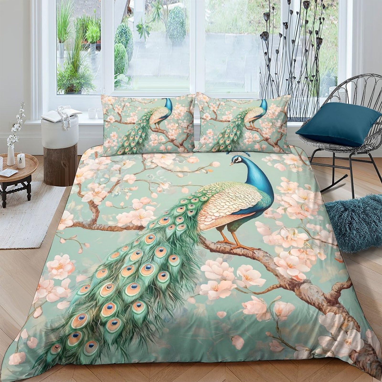 Ctjqhvkz Style-5 3D Printed Peacock Blossom Fitted Sheet Microfiber Soft Easy Care Floral Bed Cover For Bedroom Guest Room Decor Single（135X200cm）