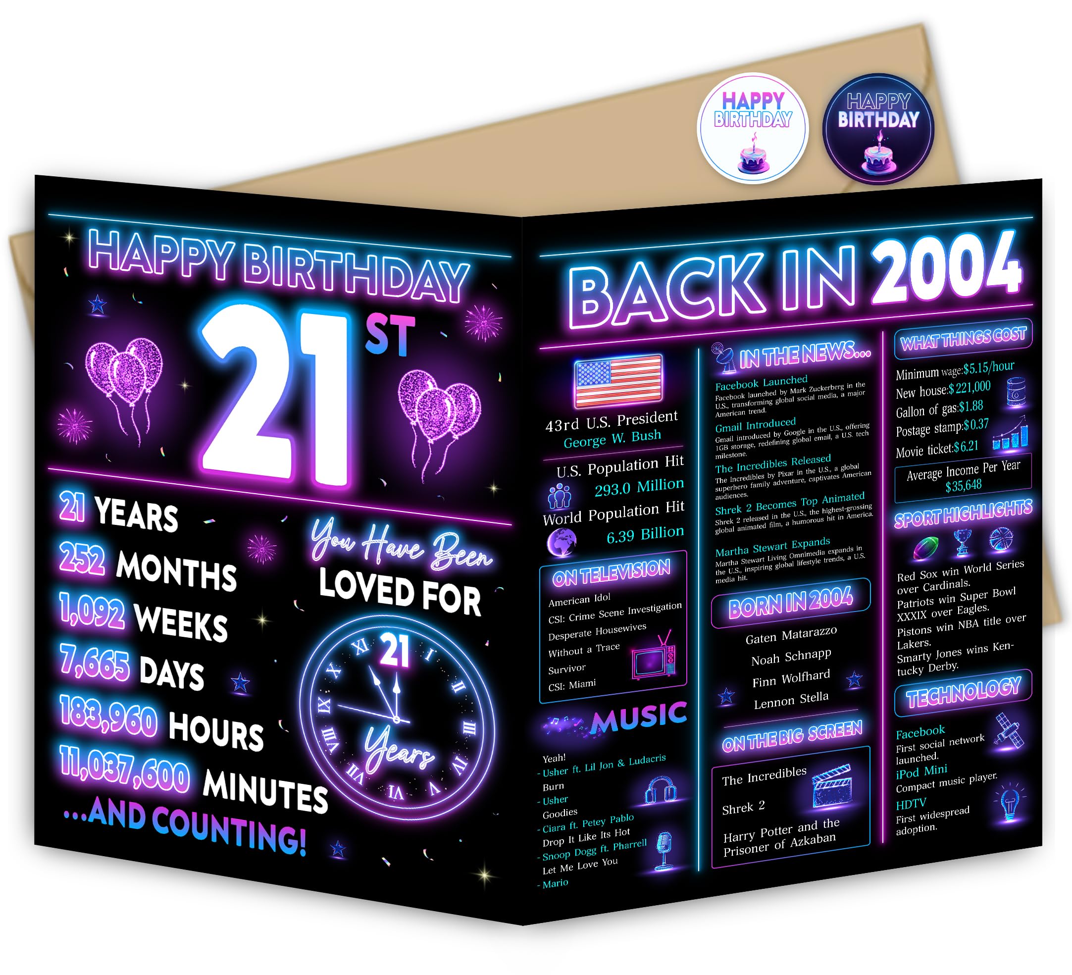 Blazeon Jumbo 21st Birthday Card for Men Women, Neon 21st Birthday Party Decorations for Him Her, Happy 21 Year Old Birthday Gifts for Son Daughter,