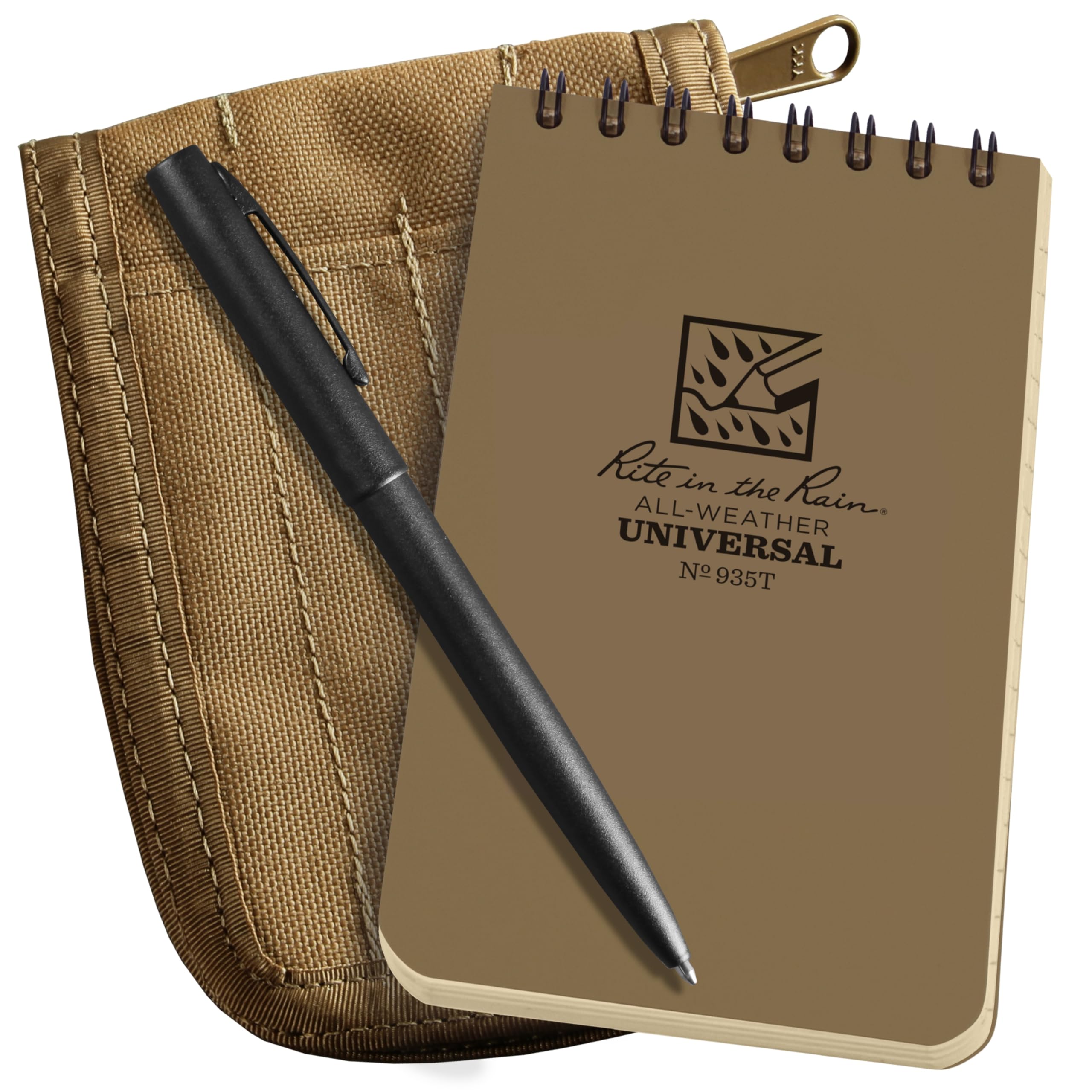 Rite in the Rain Weatherproof 3" x 5" Top Spiral Notebook Kit: Tan Cordura Fabric Cover, 3" x 5" Tan Notebook, and an Weatherproof Pen (No. 935T-KIT)