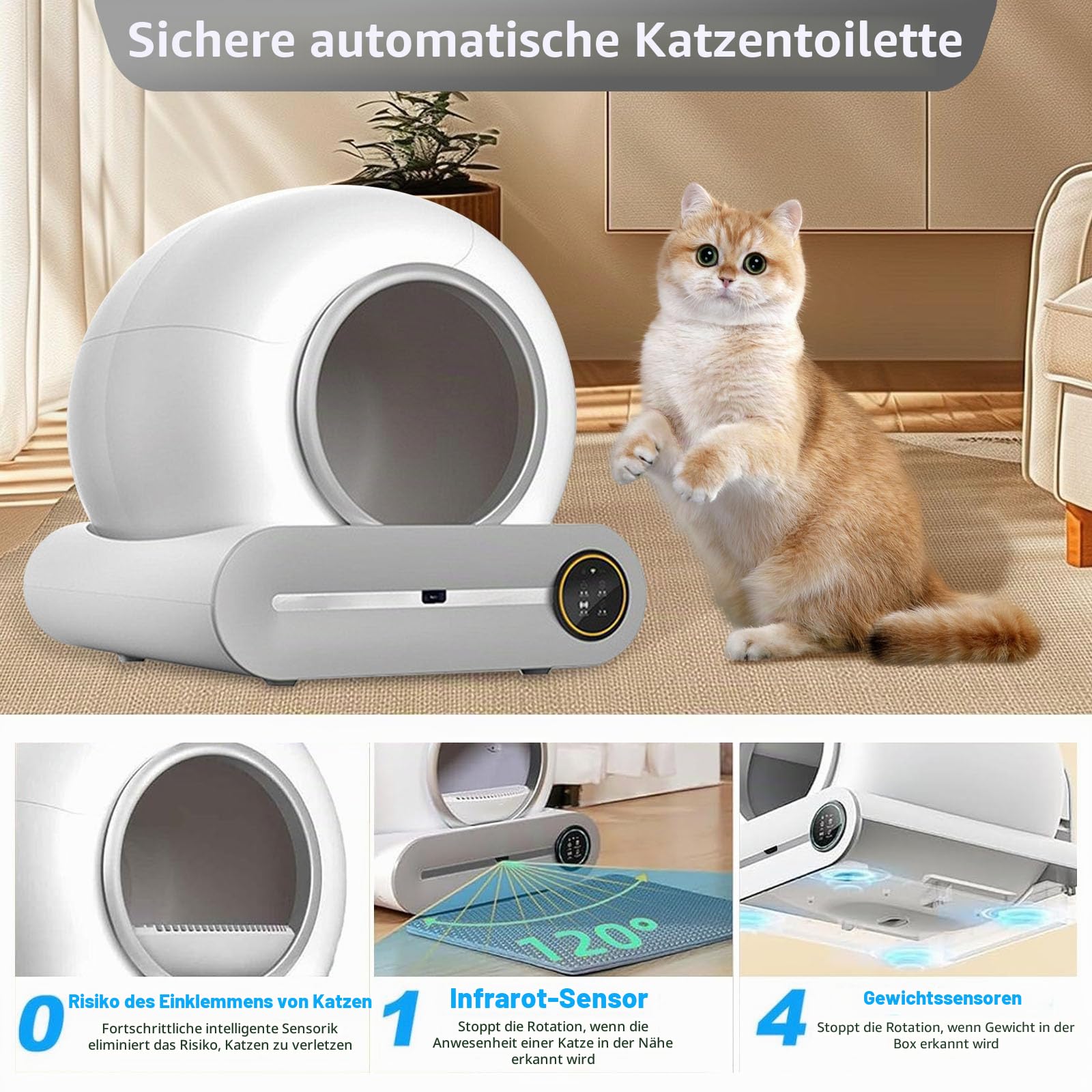 65L Katzenklo Selbstreinigend mit APP-Steuerung Automatisches Katzenklo für Mehrkatzenhaushalte,XXL-Größe,Geruchsisolierung und APP-Steuerung Elektrisches Katzentoilette mit Matte