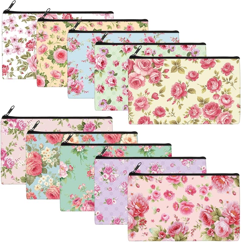 Reginary Kit com 20 Necessaires de Maquiagem em Poliéster com Zíper, Estampa Floral Pink Flower, 18 x 11 cm