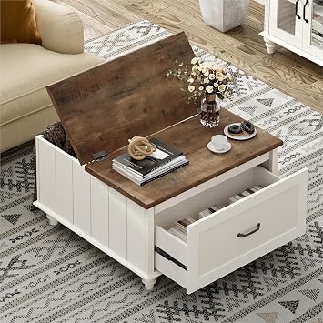 WAMPAT Farmhouse Lift Top Coffee Table with Storage Cabinet, Square Coffee Table with Large Drawer, Wooden Center Table for Living Room, Home, Office, Off White