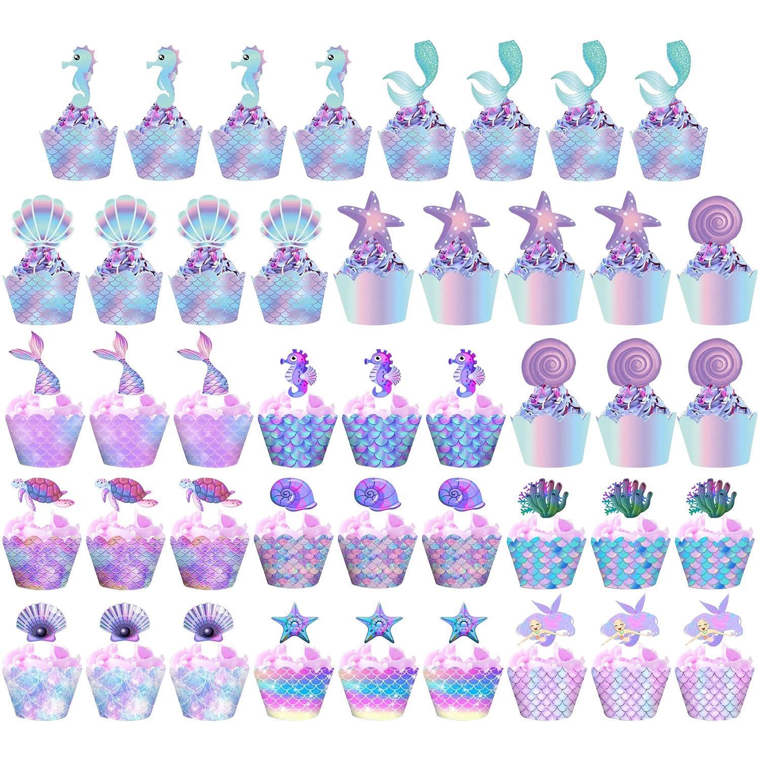 HINFHI 44 Pieces Of Mermaid Surrounds And 44 Pieces Of Mermaid Card Inserts, Cake Baking Supplies, Cupcake Making, Party Supplies.
