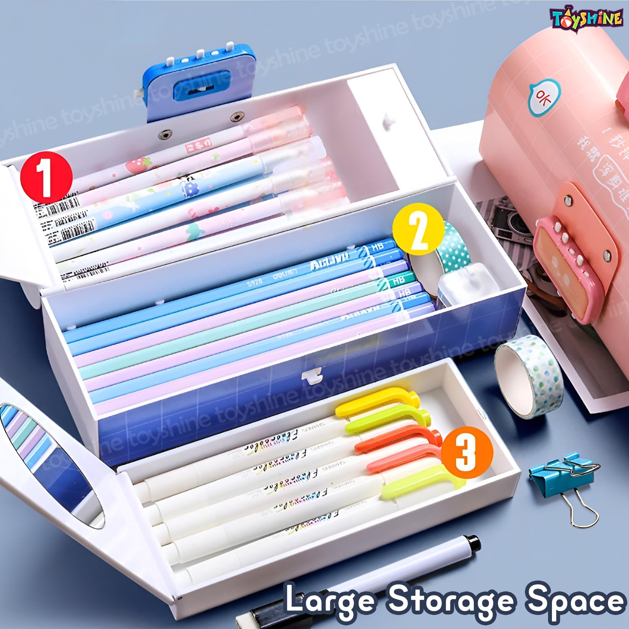 Toyshine Pencil Box with Code Lock Pen Case Large Capacity Multi-Layer Multi-Function Storage Bag Secret Compartment Pencil Box - Dino Pink 4