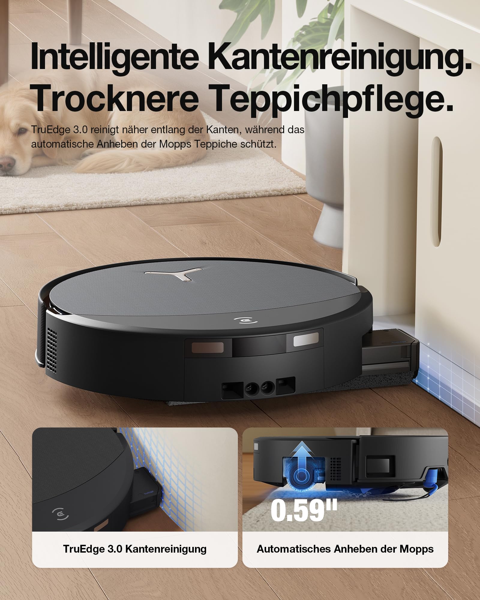 ECOVACS DEEBOT T90 PRO Omni Saugroboter mit Wischfunktion, Roboterstaubsauger 30.000 Pa, Schnellladen mit PowerBoost, OZMO Roller 3.0 mit TruEdge, automatische Dosierung der Reinigungslösung, Schwarz