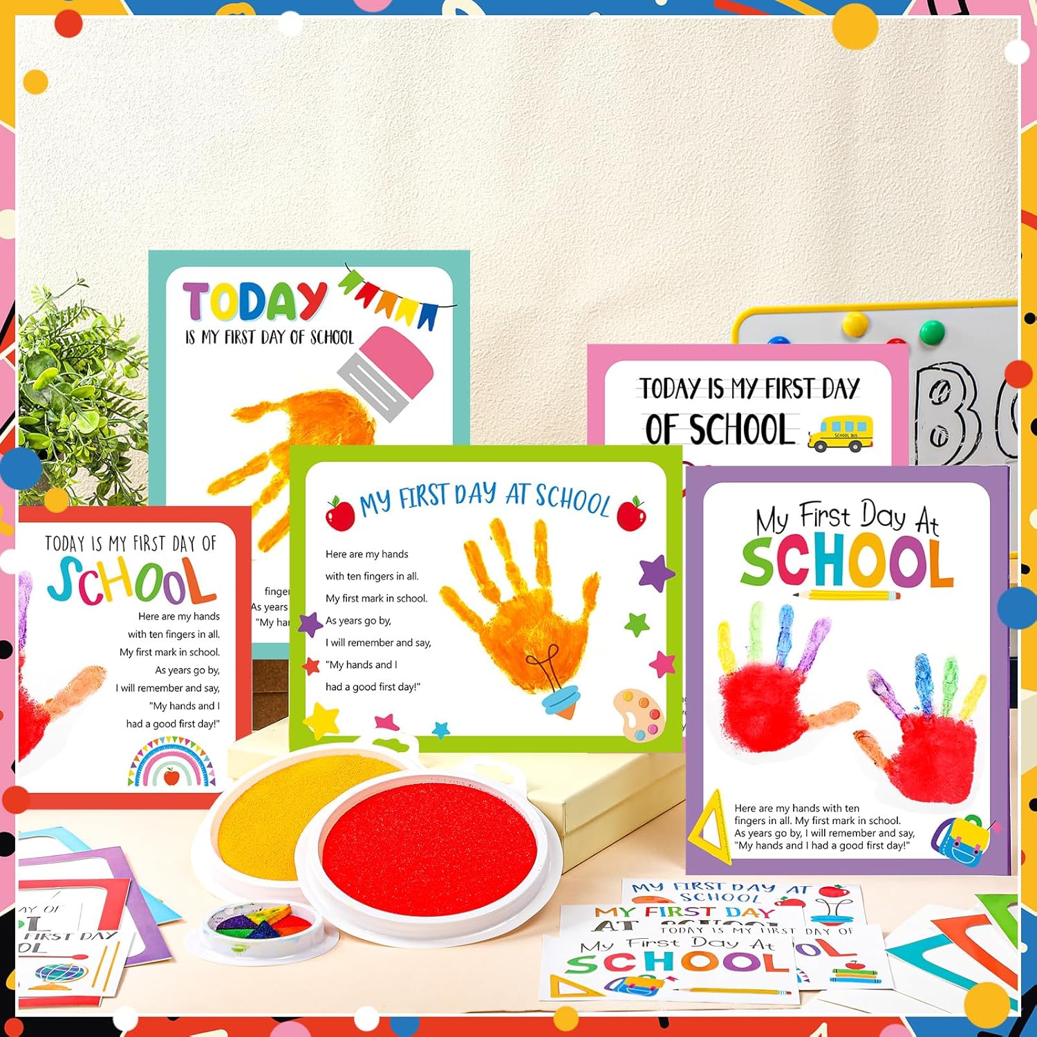 Beeveer 48 Set Back to School Handprint Craft for Kids DIY Handprint Photo Props Classroom Keepsake Cards for Teacher Supplies & Family Activities