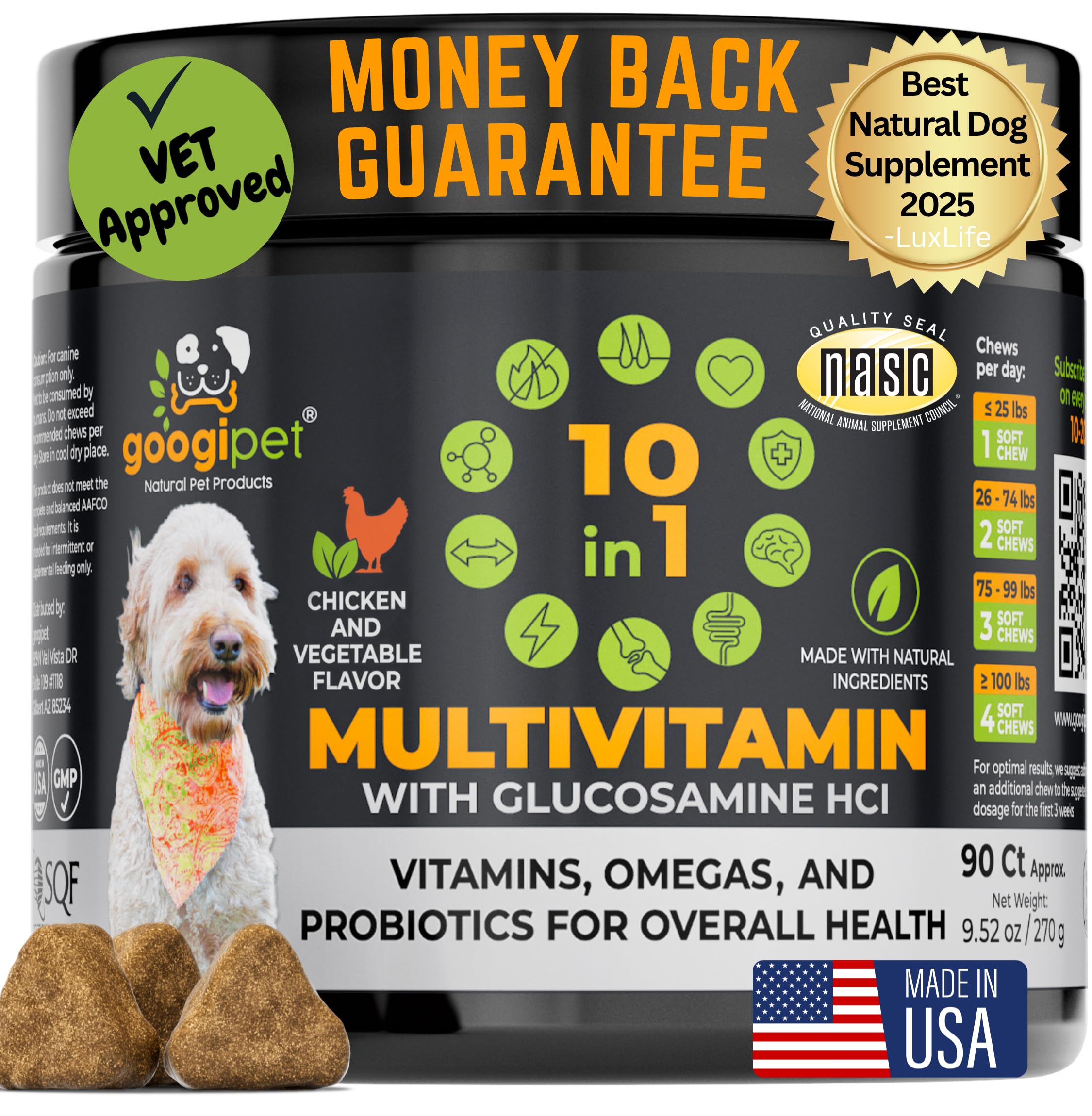 Googipet Premium 10 in 1 Dog Vitamins Multivitamin Chewable with Probiotics for Gut Health, Dog Vitamins and Supplements w/Vitamin C & Glucosamine for Joint Support (Chicken & Vegetable Flavor)