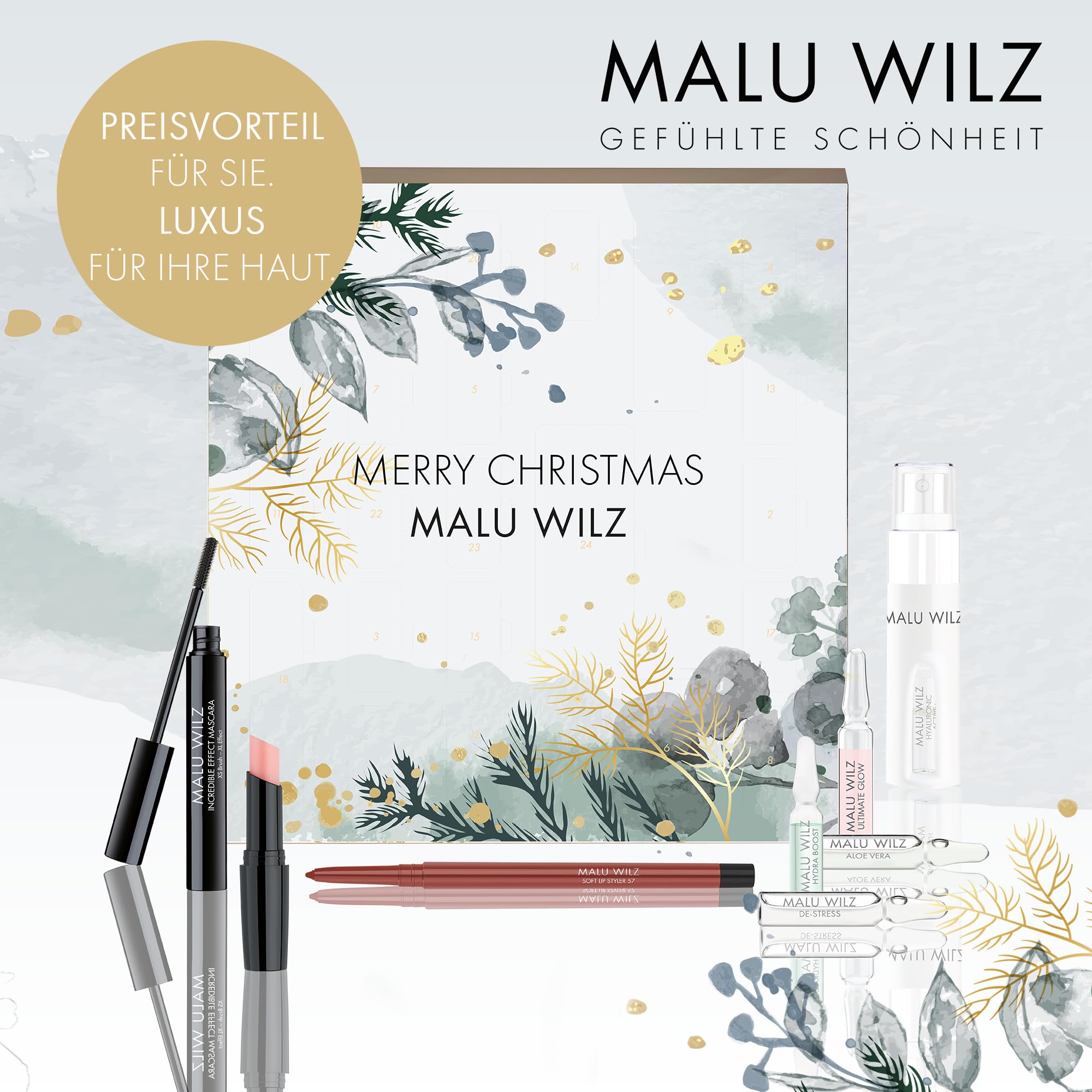 Malu Wilz Adventskalender, Beauty Adventskalender mit diversen Pflege- und Kosmetik-Produkten, 21 Ampullen + Mascara & Creme (Modell 2025)