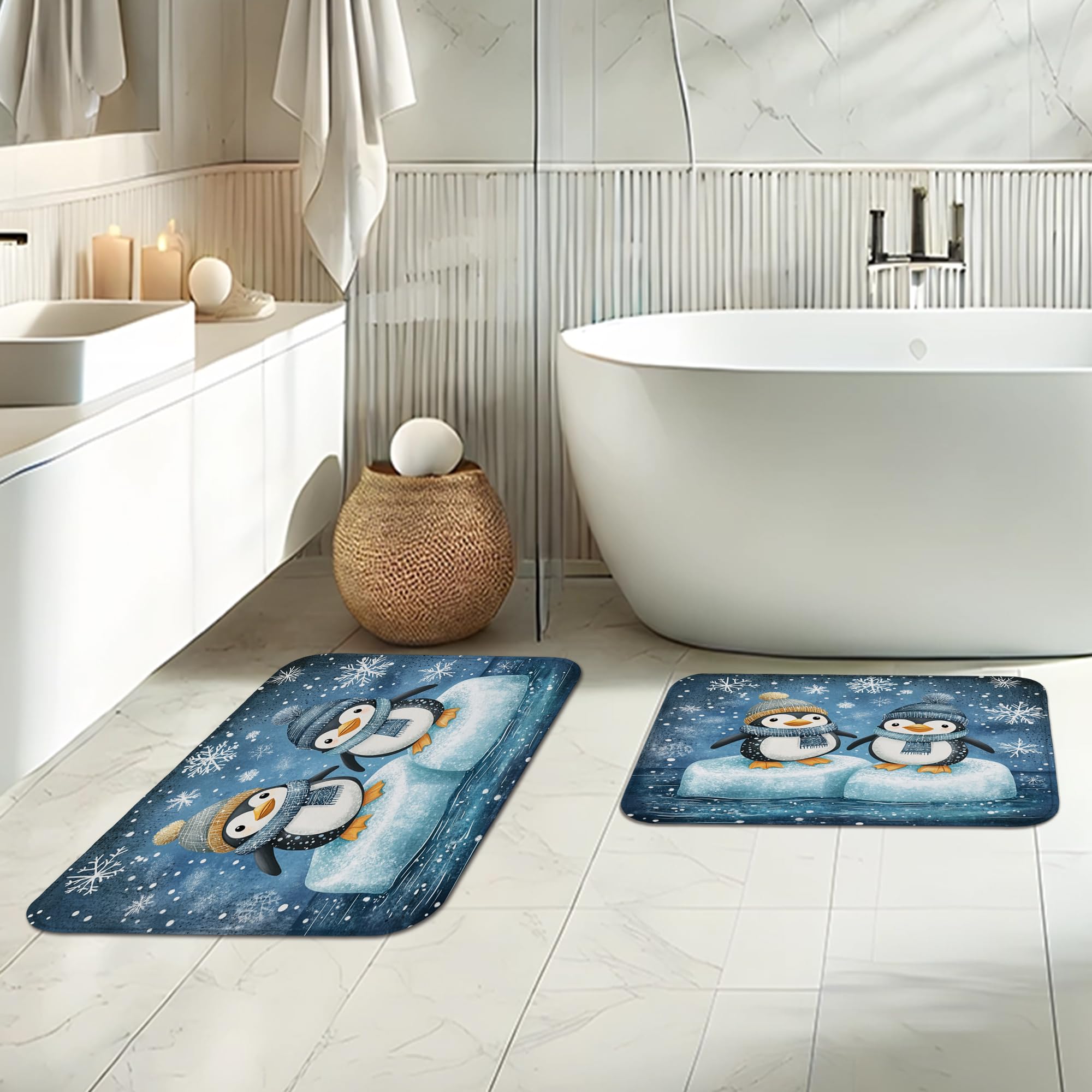 Ensemble de salle de bain 3 pièces pour enfant avec deux tapis de bain antidérapants et lavables (40,6 x 61 et 50,8 x 81,3 cm), motif pingouin amusant - 183 x 183 cm