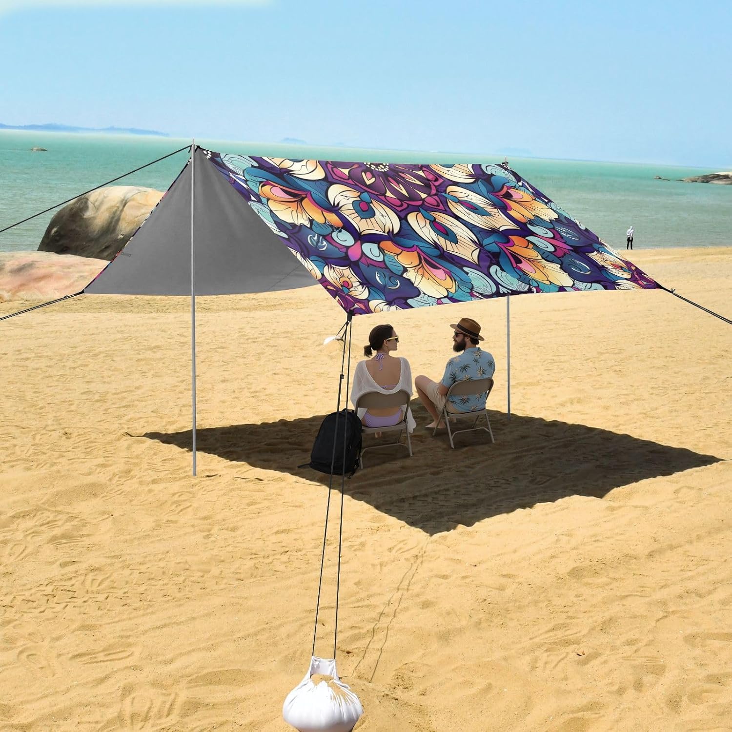 ALAZA Mandala Floral Beach Tent Sun Shelter UPF50+ Protection Beach Shade Canopy w/ 4 Sandbags for Outdoor Camping, Fishing, Backyard Fun, Picnic, 10x9 ft