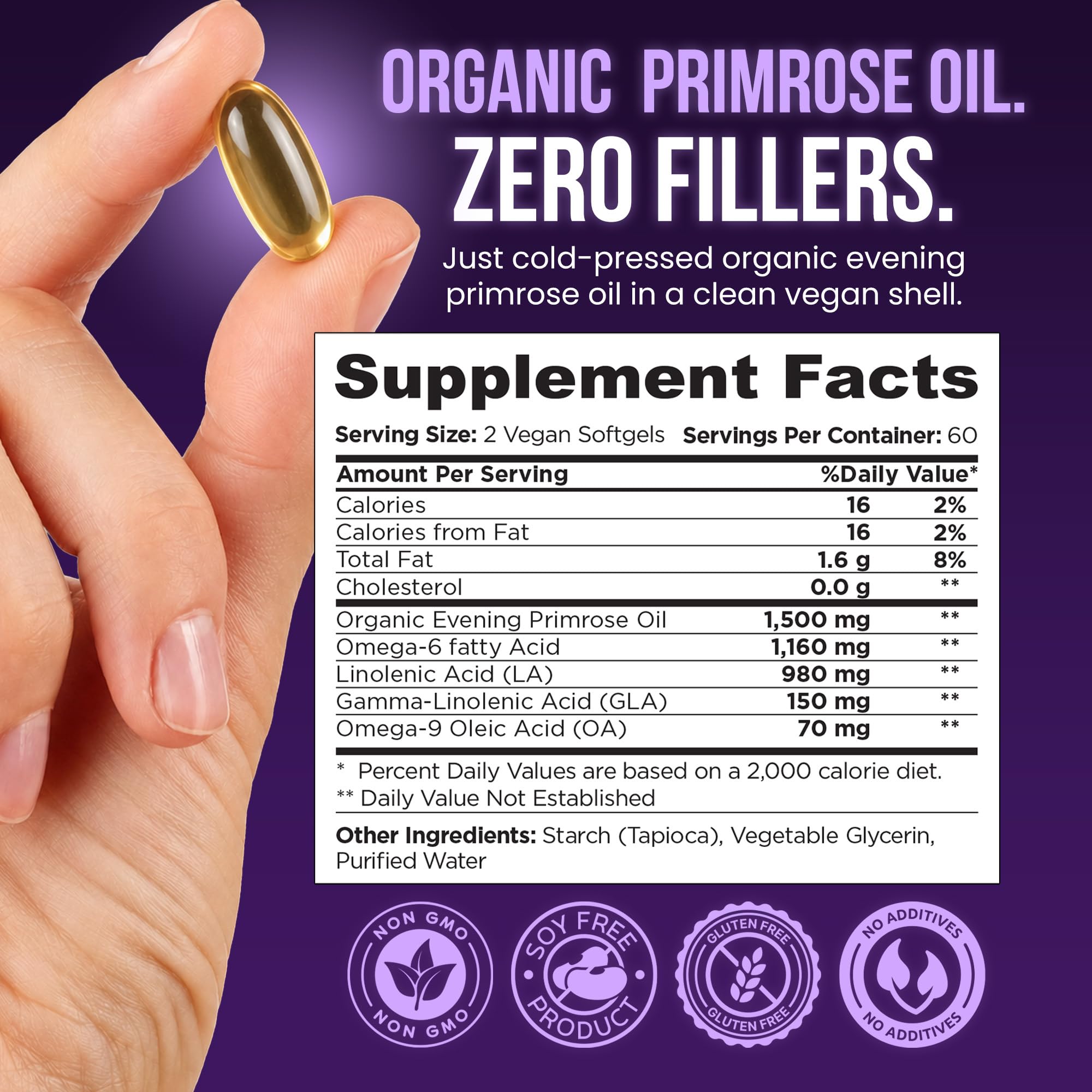 OmniBiotics Organic Evening Primrose Oil for Women – Clinical Strength 1500mg per Capsule, 10% GLA, Cold-Pressed, Non-GMO, Hormone Balance for Women – 120 Vegan Softgel Capsules — Amazon image 2