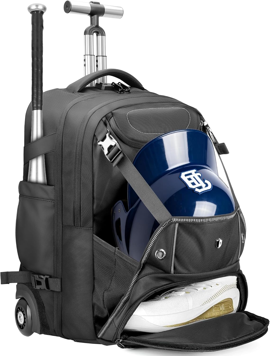 Large Travel Laptop Backpack,55L Rolling Baseball Backpack with Wheels,Catchers Gear Bag with Shoe Compartment, TSA Lock, USB & Type-C Wheeled Backpack for Travel Work Sports,Black